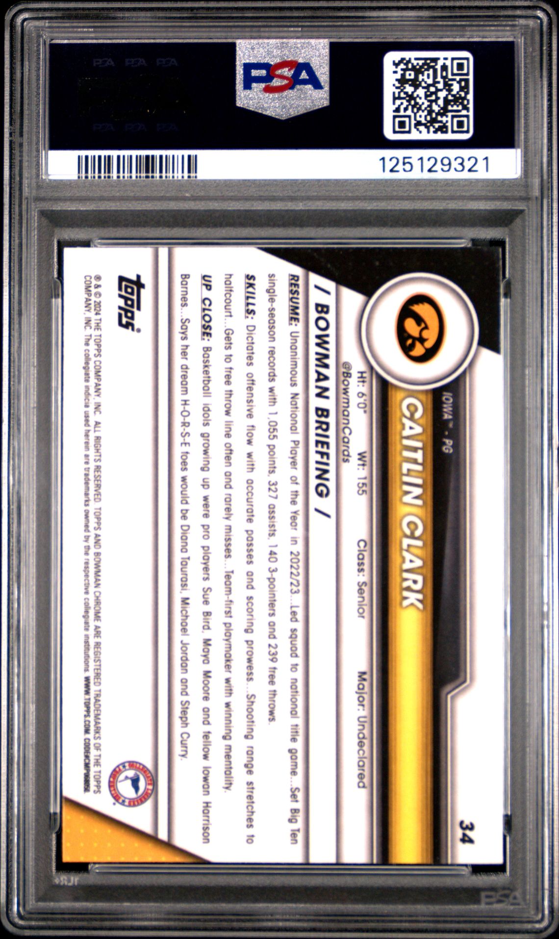 2023 Bowman University Chrome Caitlin Clark #34 (Pink Refractor) Gem Mt 10 back