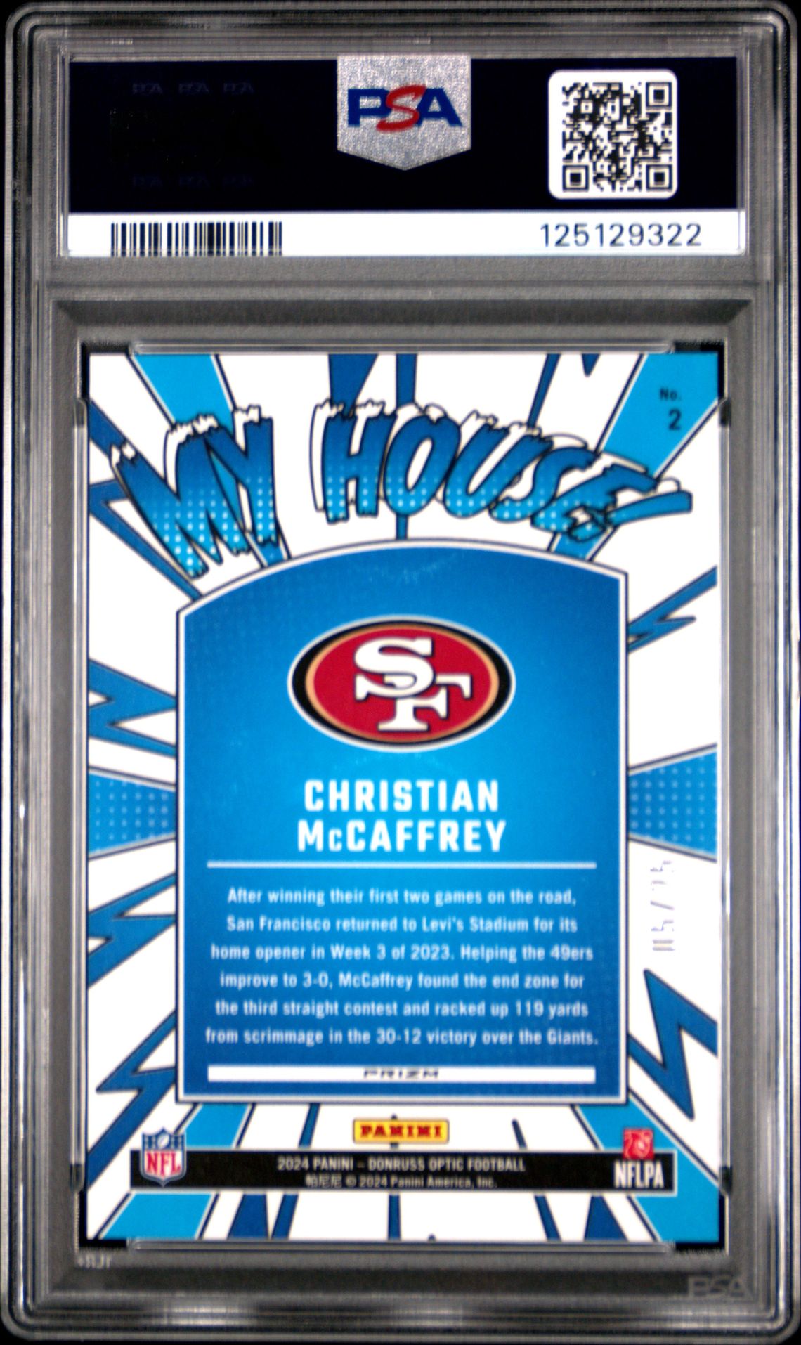 2024 Panini Donruss Optic My House! Christian Mccaffrey #2 (My House!-Black Pandora) Gem Mt 10 back