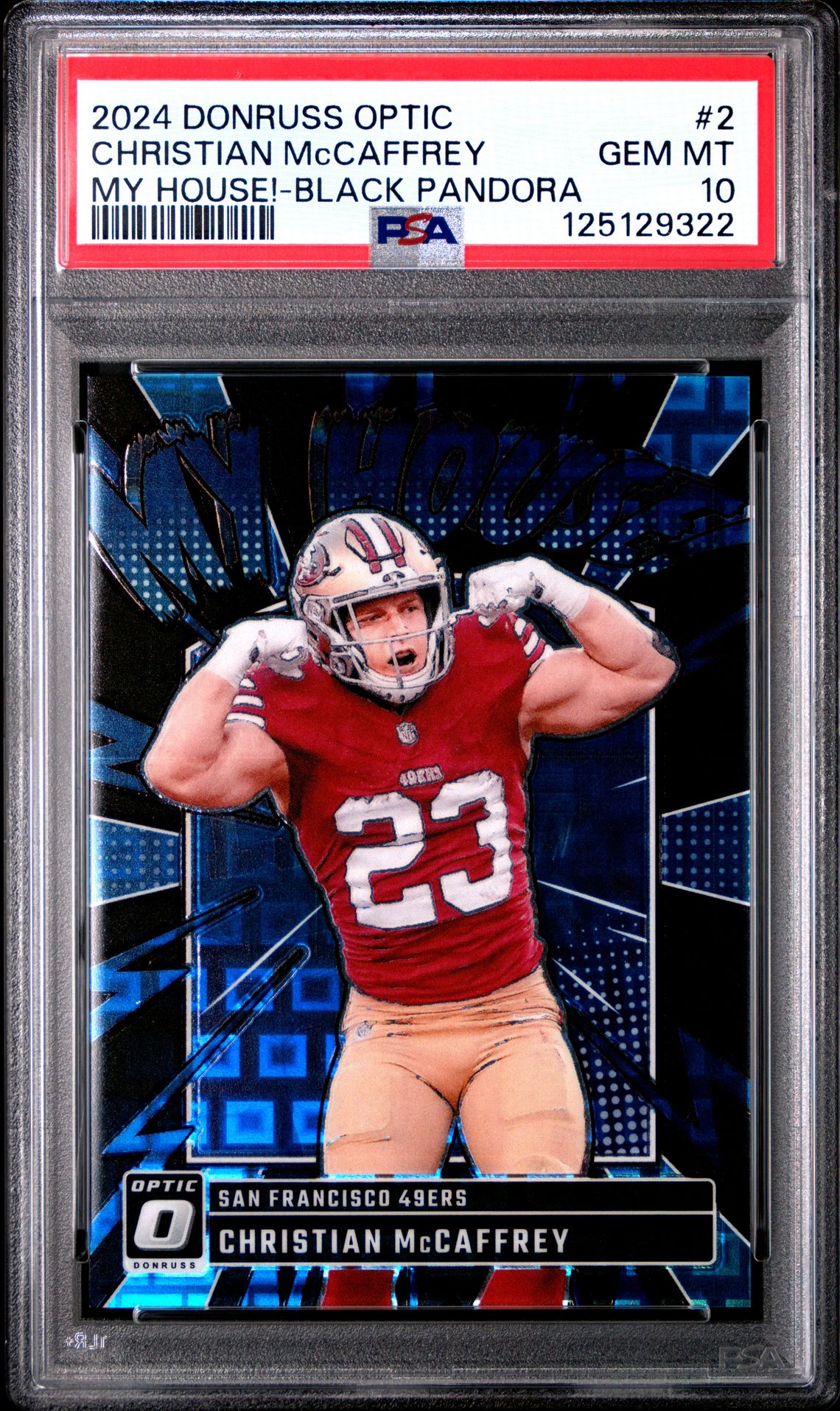 2024 Panini Donruss Optic My House! Christian Mccaffrey #2 (My House!-Black Pandora) Gem Mt 10 front