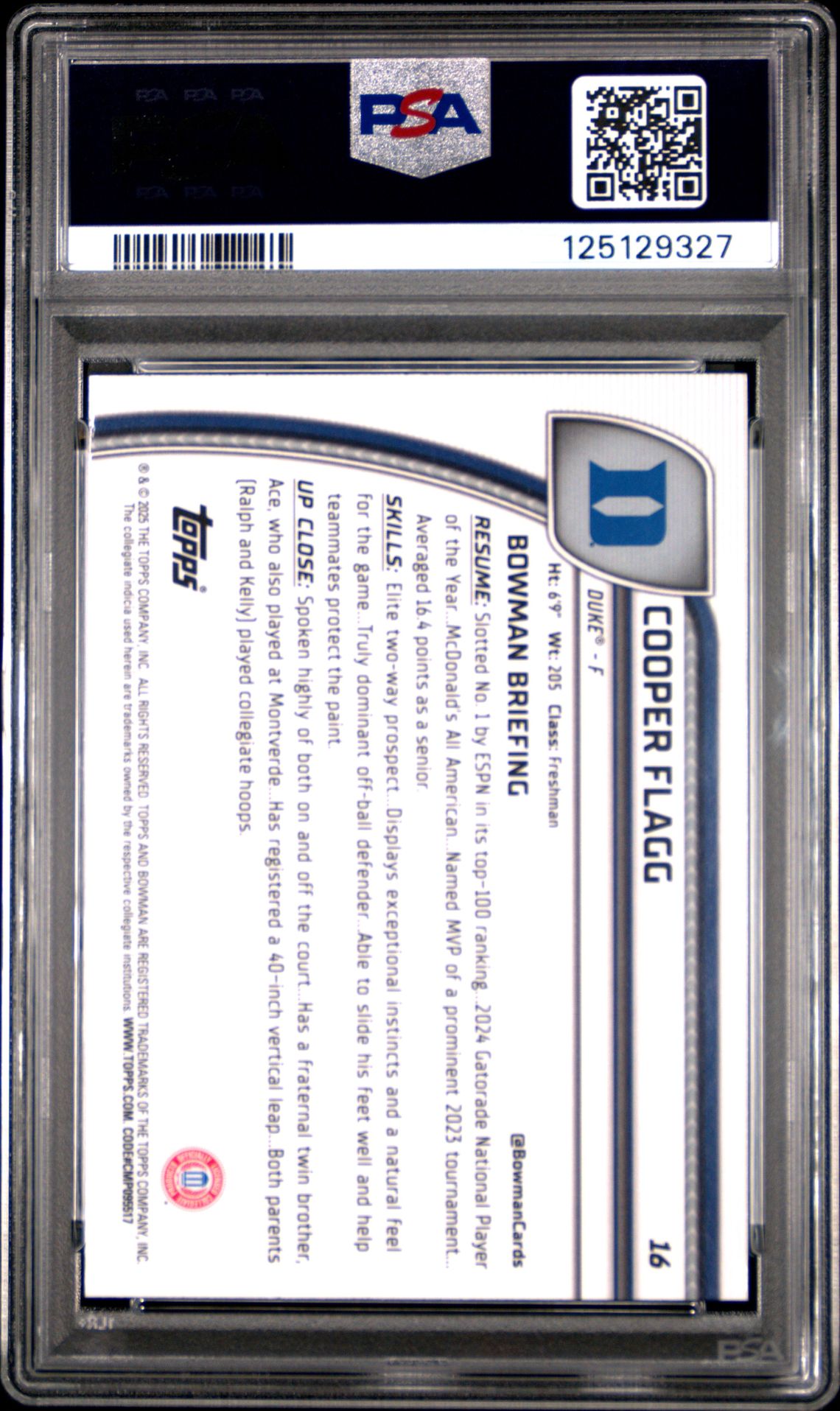 2024 Bowman Chrome University Cooper Flagg #16 (Green Shimmer) Gem Mt 10 back