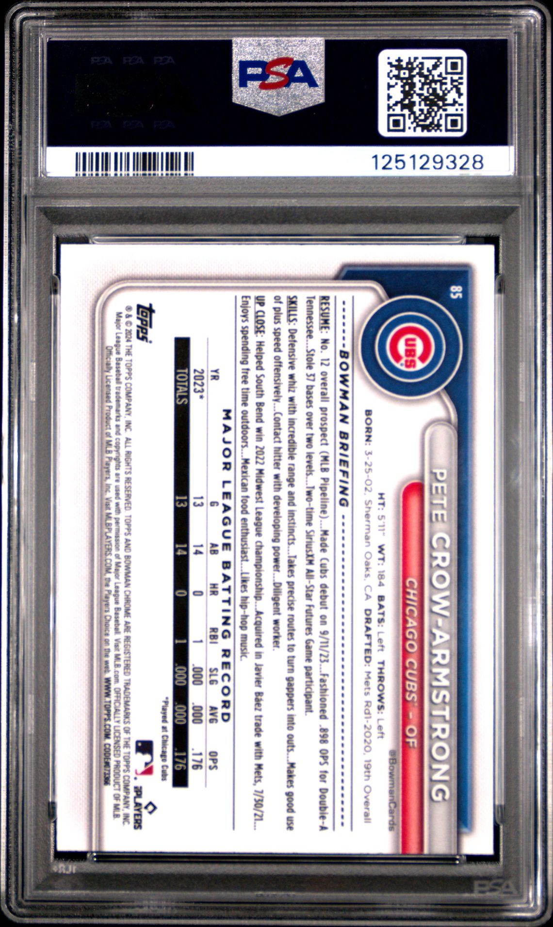 2024 Bowman Mega Box Chrome Pete Crow-Armstrong #85 (Chrome-Fuchsia Refractor) Gem Mt 10 back