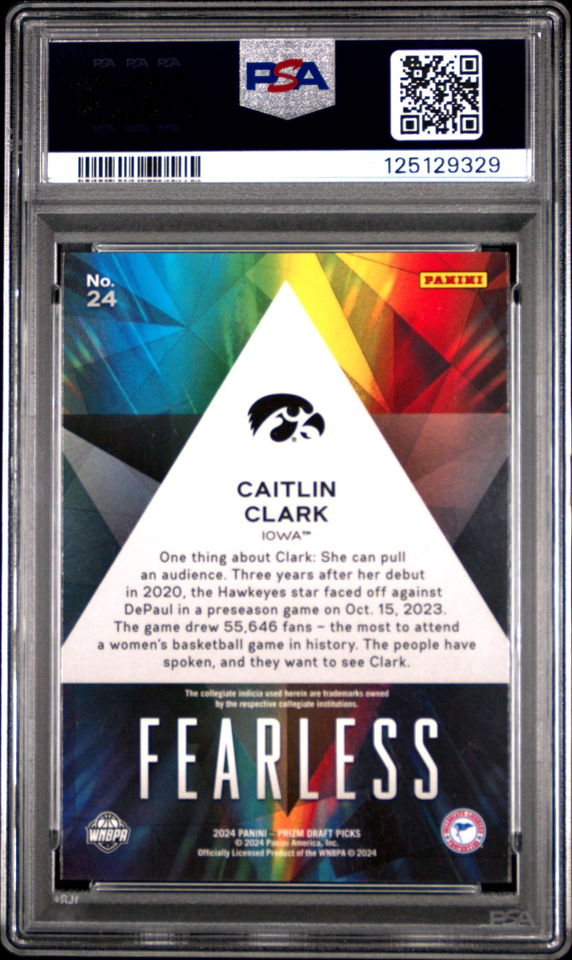 2024 Panini Prizm Draft Picks Fearless Caitlin Clark #24 Gem Mt 10 back