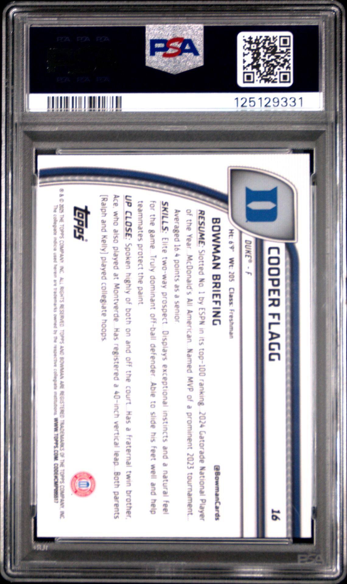 2024 Bowman Chrome University Cooper Flagg #16 (Black Wave) Gem Mt 10 back