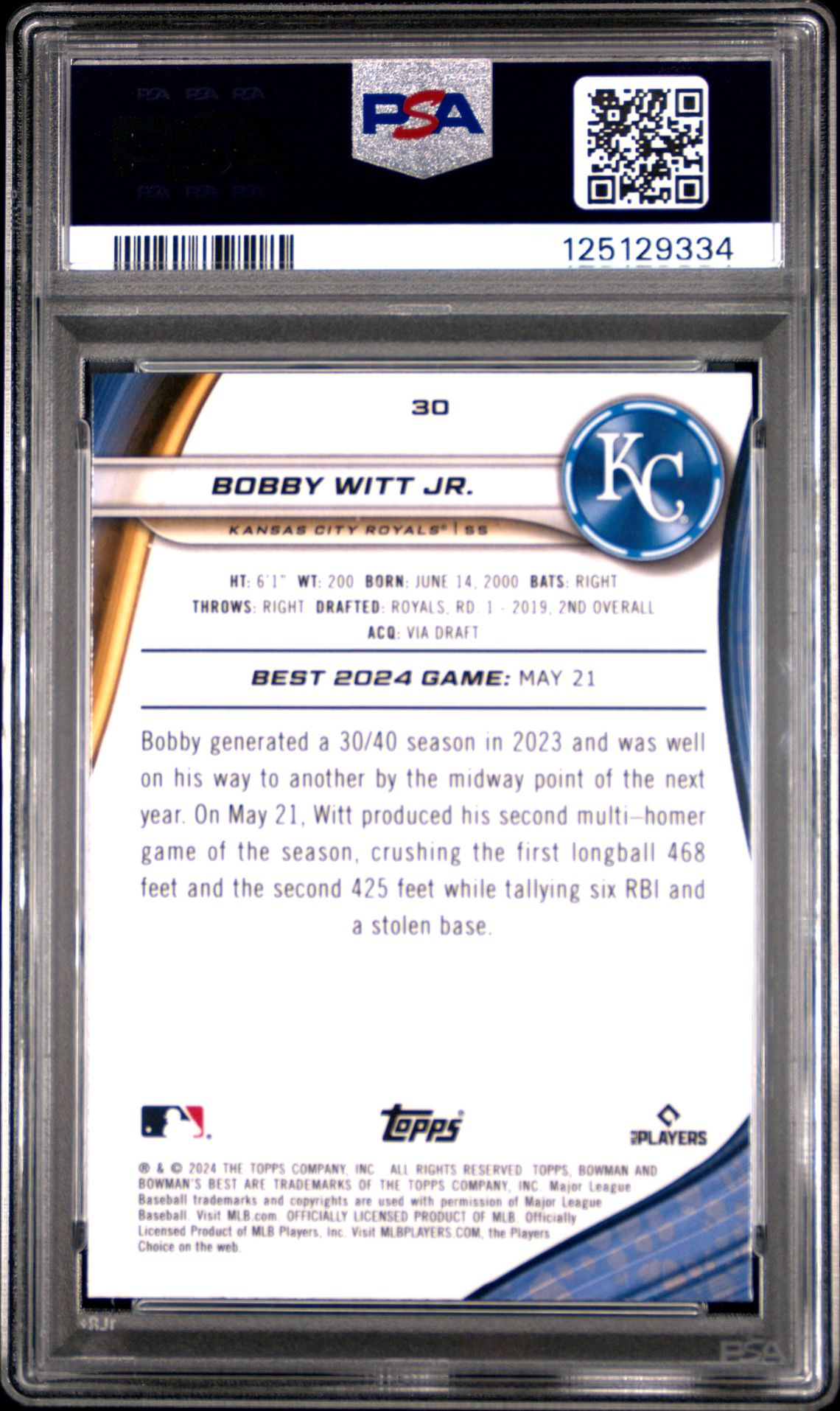 2024 Bowman's Best Bobby Witt Jr. #30 (Yellow Lazer) Gem Mt 10 back