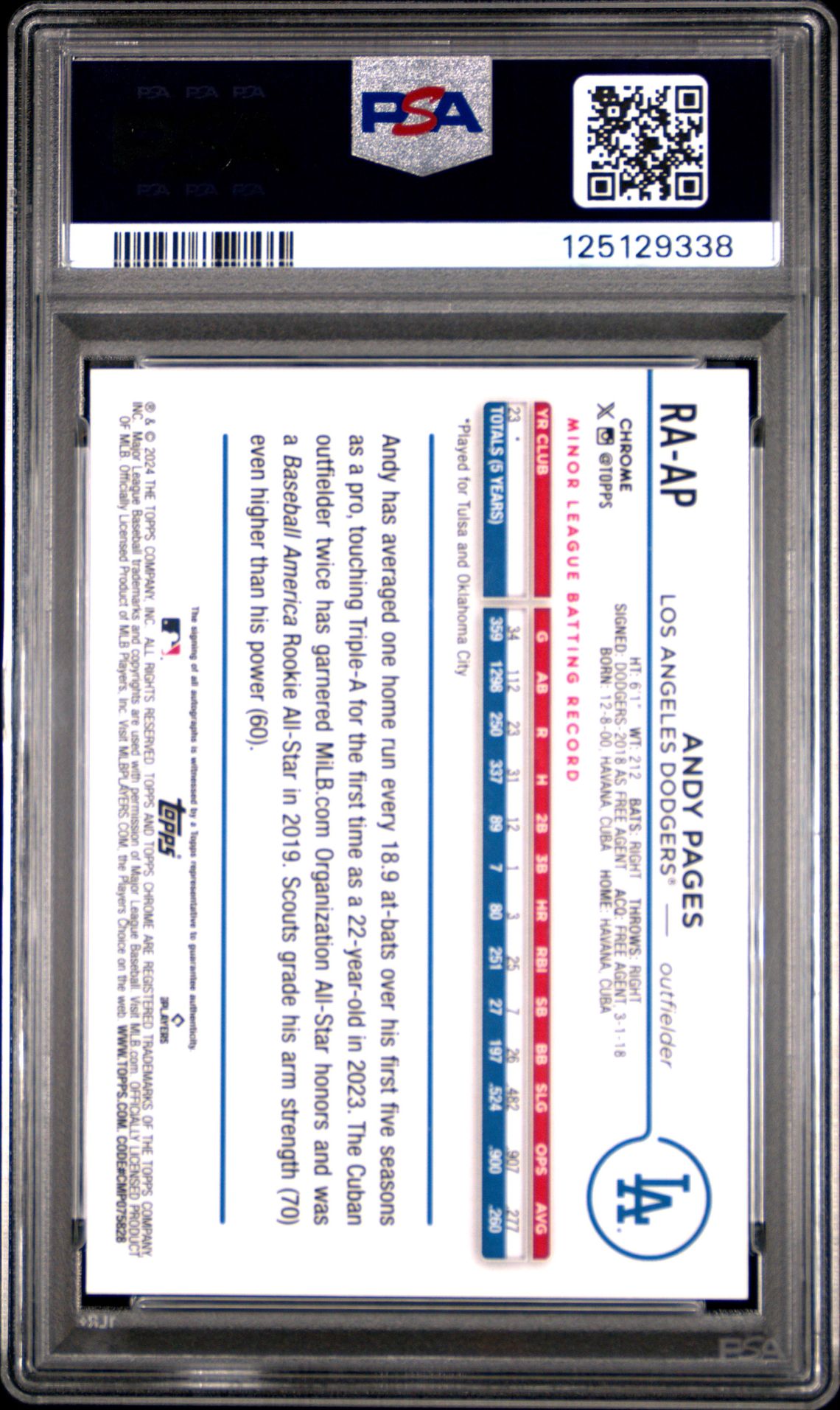 2024 Topps Chrome Update Chrome Baseball Update Series Autographs Andy Pages #Raap (Autograph-Purple Speckle) Gem Mt 10 back