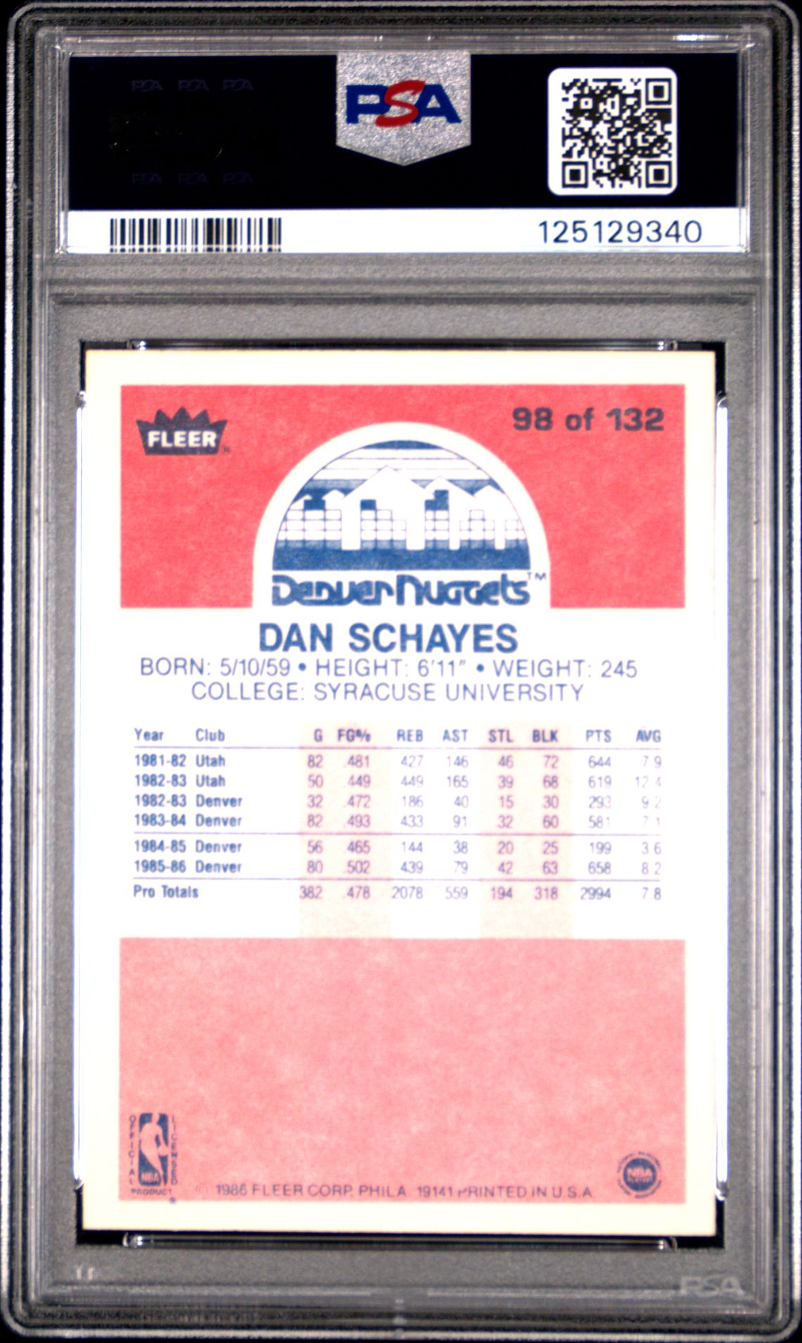 1986 Fleer Dan Schayes #98 Nm-Mt 8 back