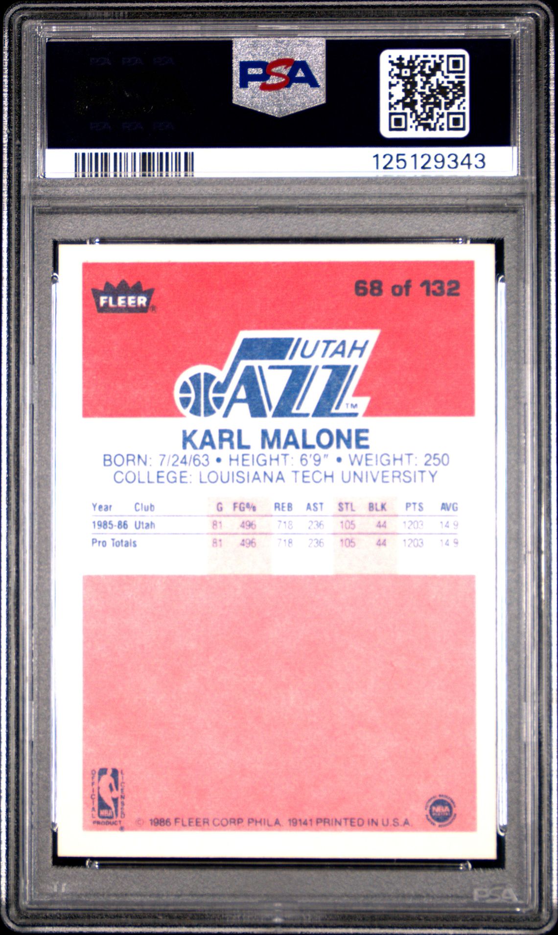 1986 Fleer Karl Malone #68 Mint 9 back