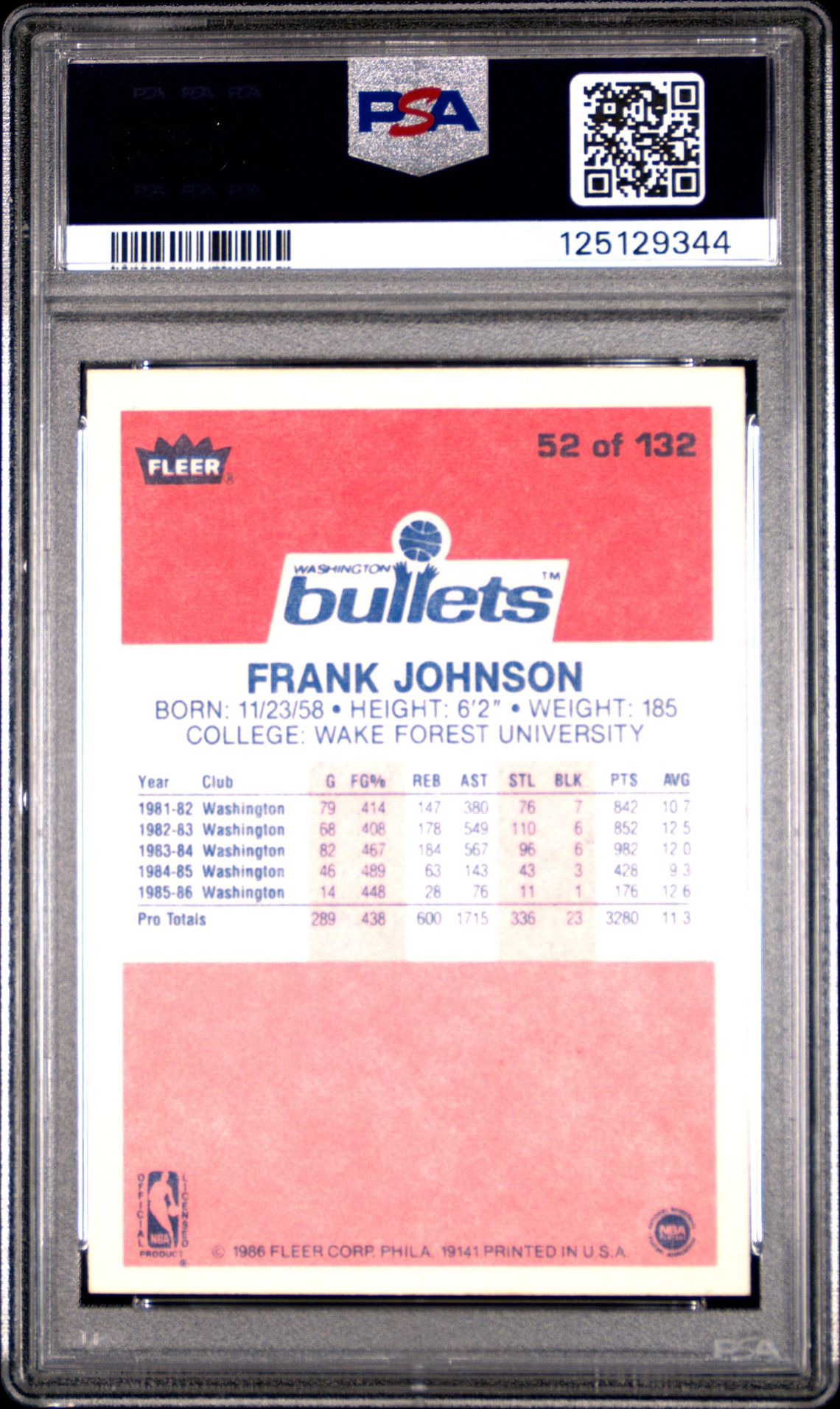 1986 Fleer Frank Johnson #52 Nm-Mt 8 back