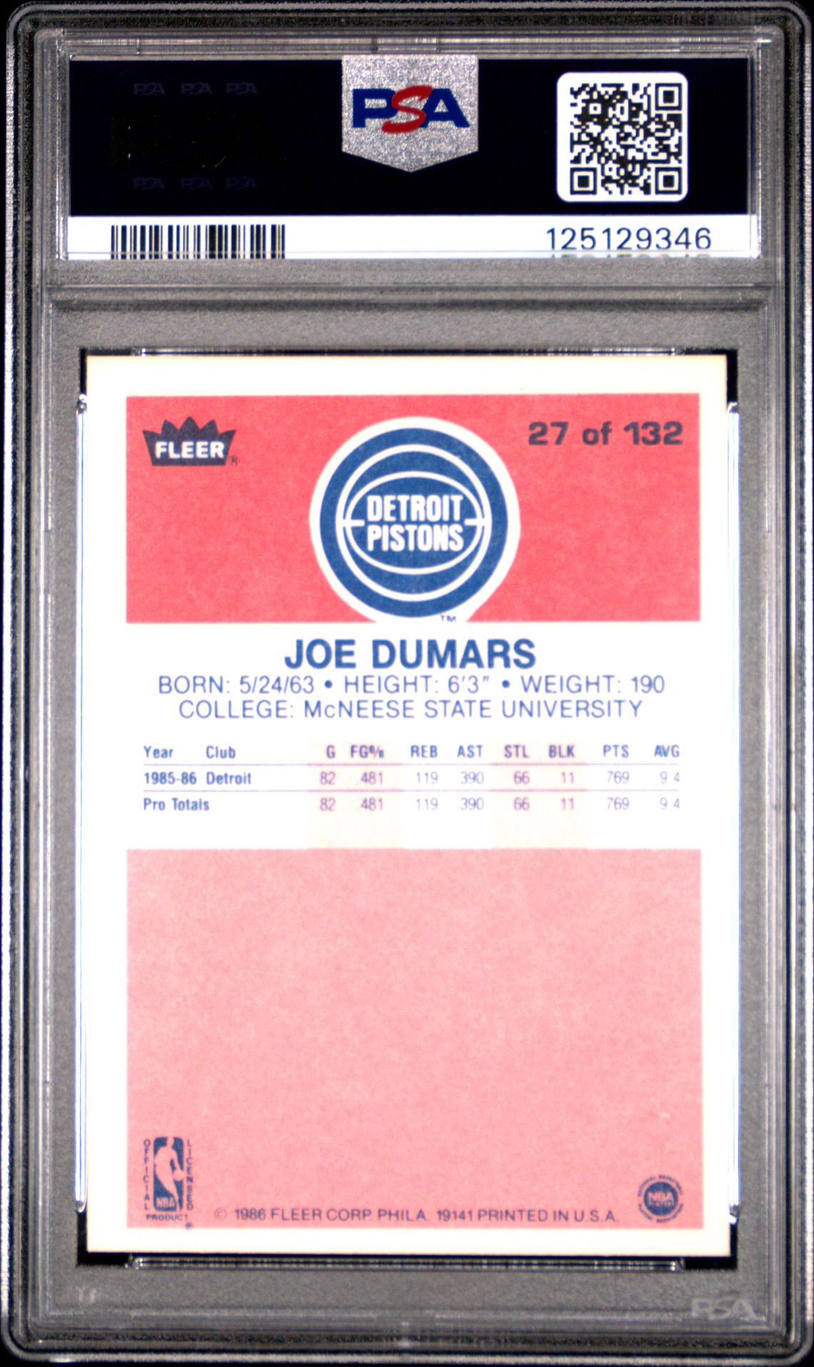 1986 Fleer Joe Dumars #27 Mint 9 back