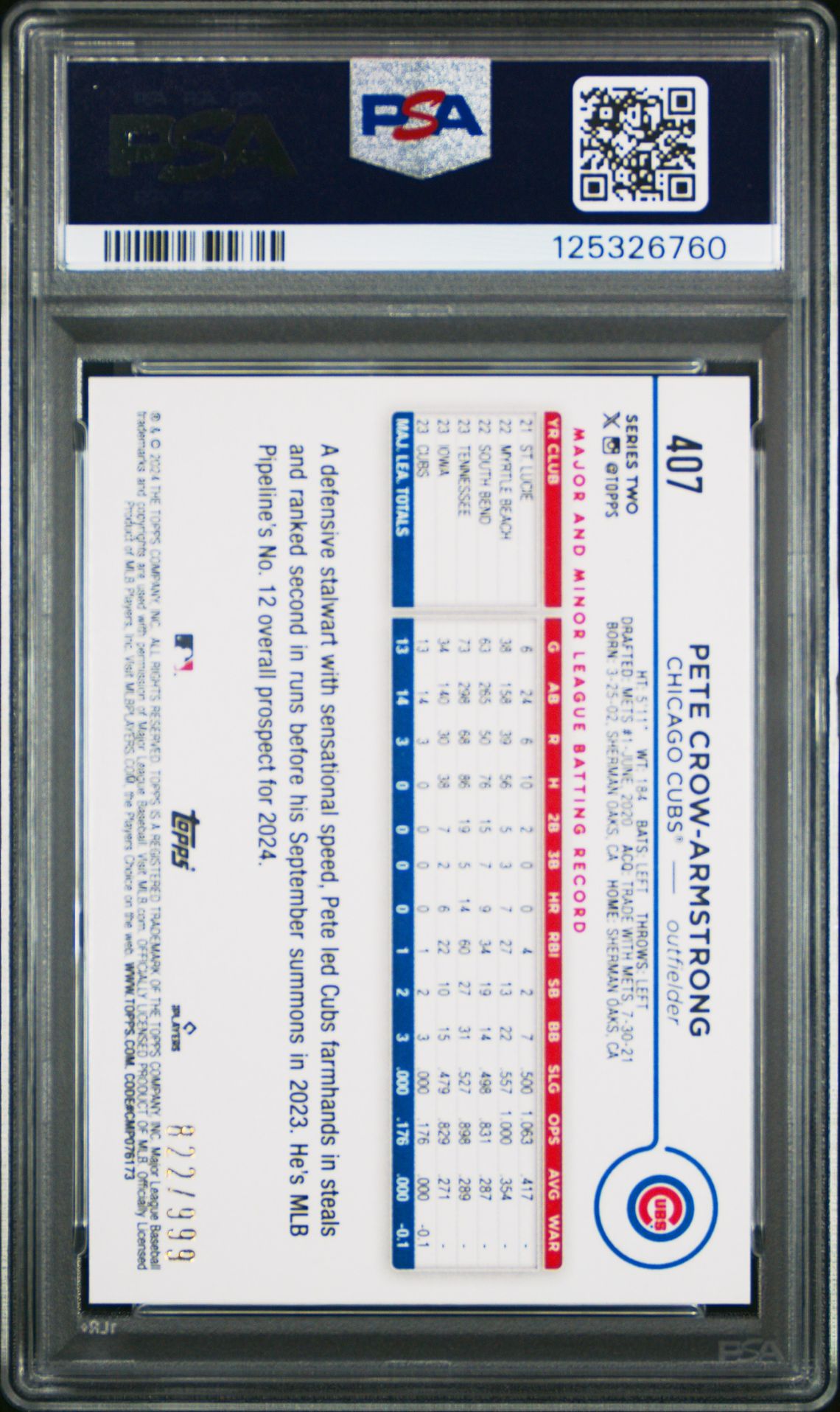 2024 Topps Pete Crow-Armstrong #407 (Blue Foil) Gem Mt 10 back