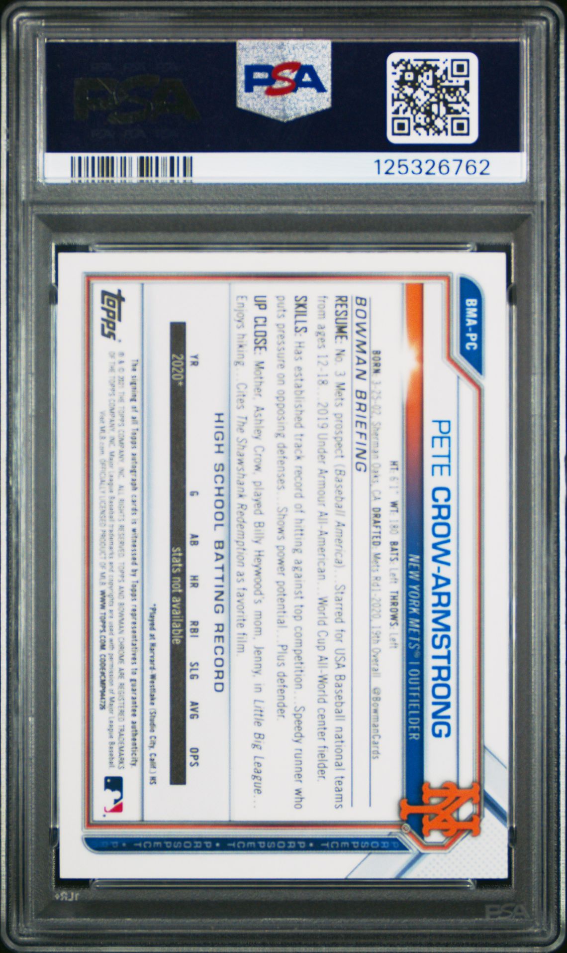 2021 Bowman Mega Box Chrome Autographs Pete Crow-Armstrong #Bmapc (Chrome-Autographs) Mint 9 back