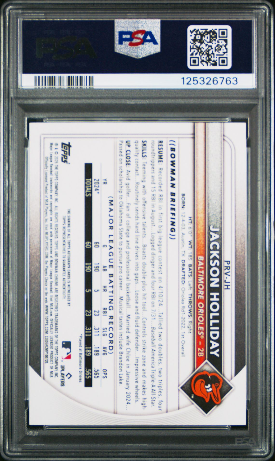 2025 Bowman Bowman Rookies And Veterans Autographs Jackson Holliday #Prvjh (Bowman Rookies & Vets Auto) Mint 9 back