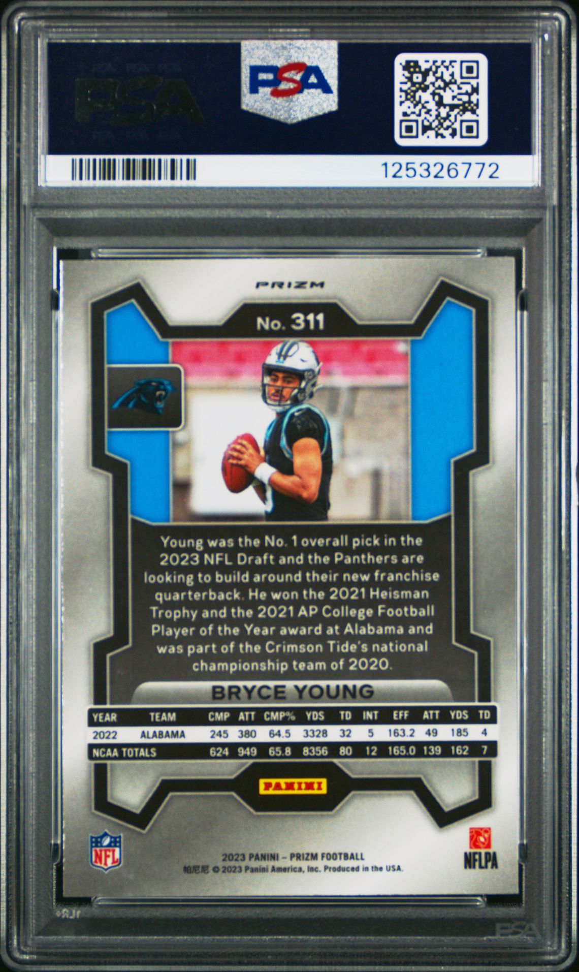 2023 Panini Prizm Bryce Young #311 (Lazer Prizm) Gem Mt 10 back