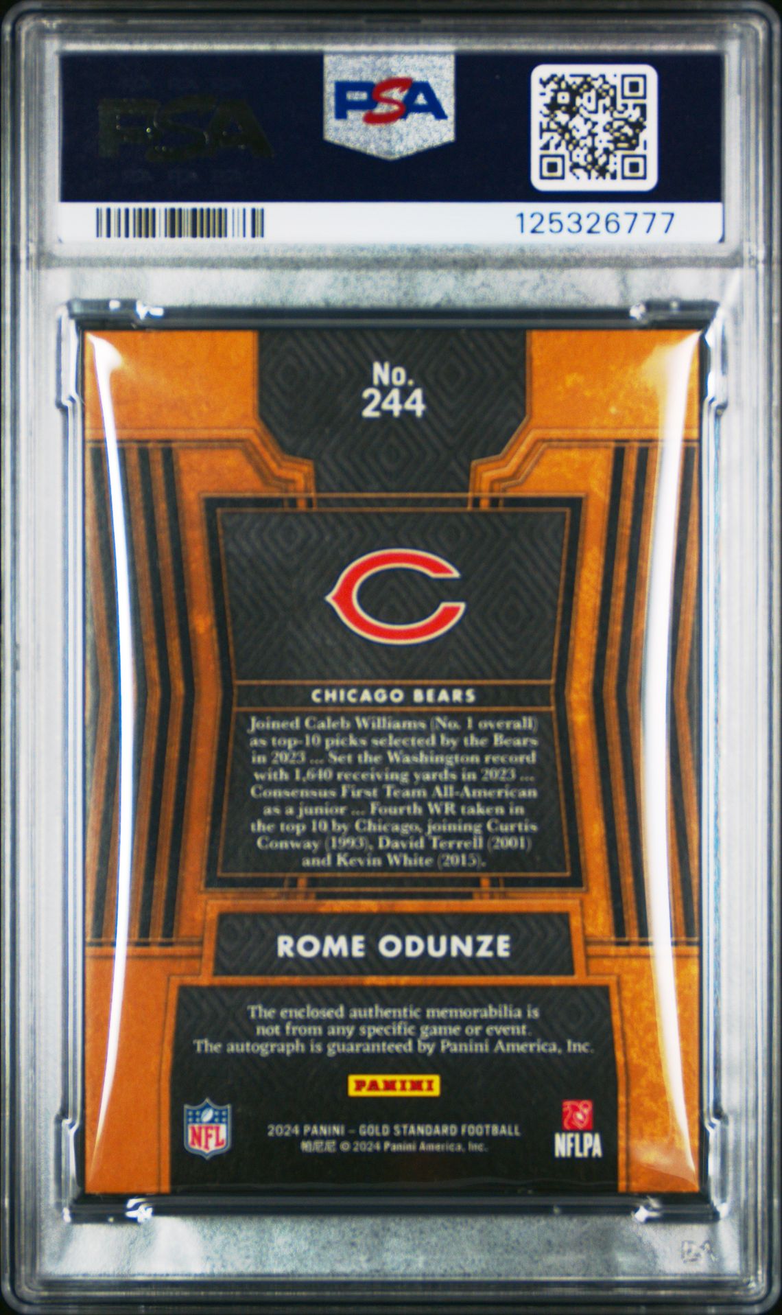 2024 Panini Gold Standard Rome Odunze #244 (Jersey Auto-White Gold) Mint 9 back