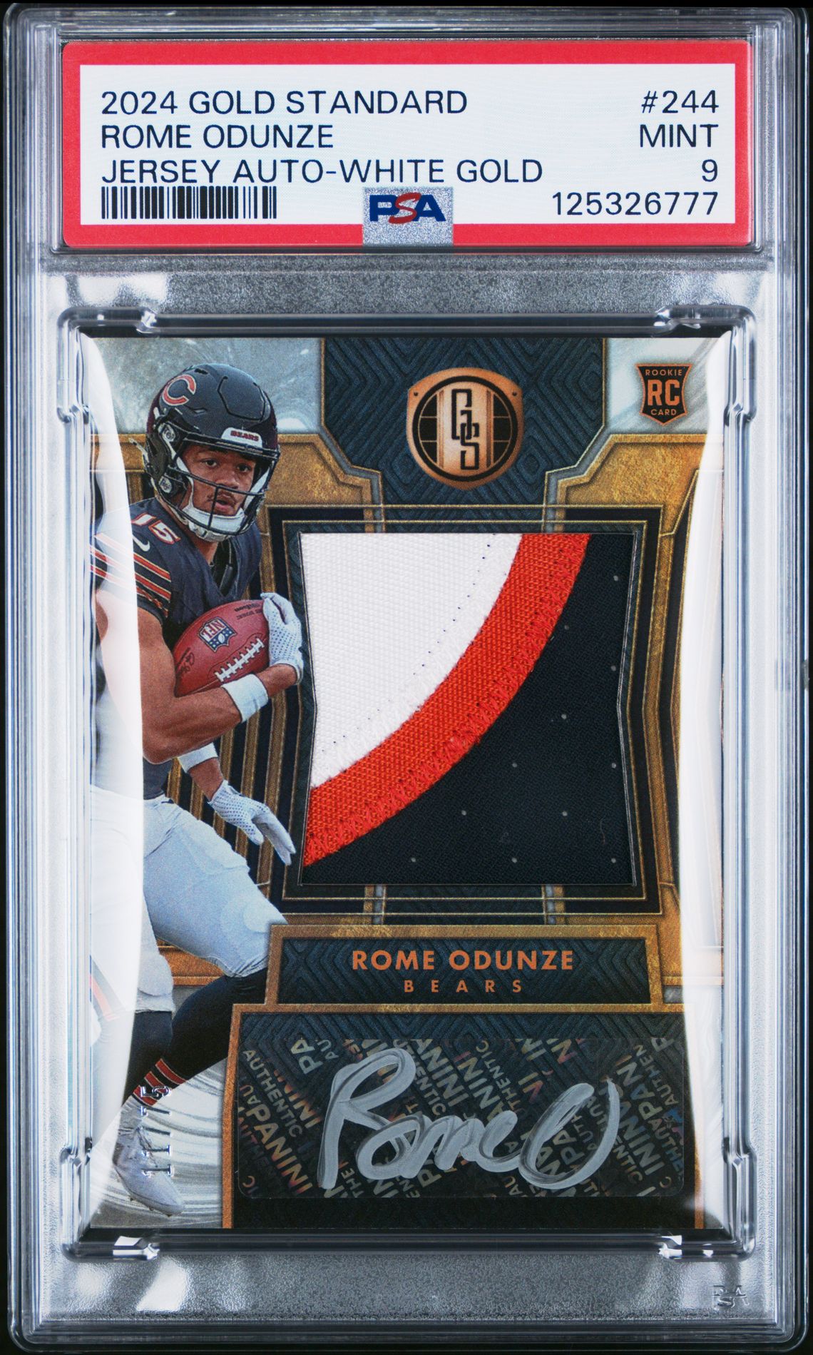 2024 Panini Gold Standard Rome Odunze #244 (Jersey Auto-White Gold) Mint 9 front