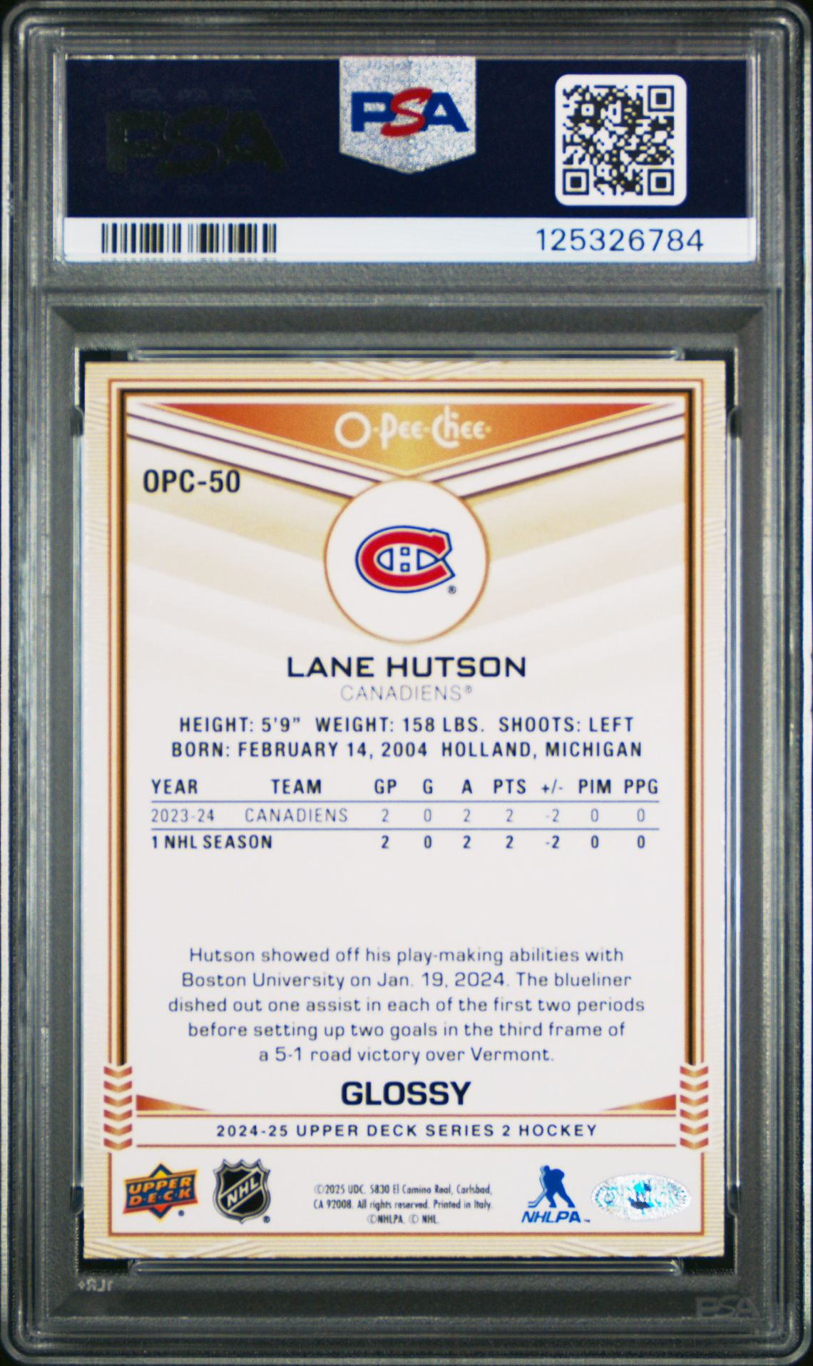 2024 Upper Deck O-Pee-Chee Glossy Lane Hutson #Opc50 Nm-Mt 8 back