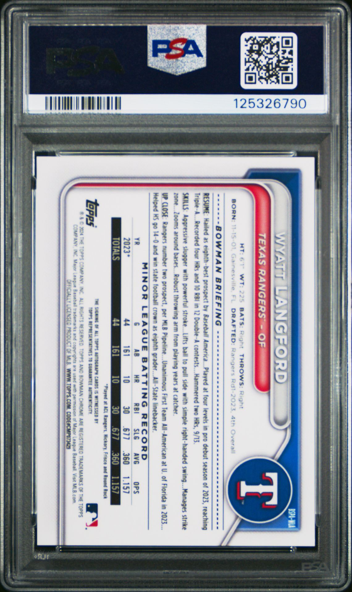 2024 Bowman Sapphire Edition Chrome Prospects Sapphire Autographs Wyatt Langford #Wla Mint 9 back