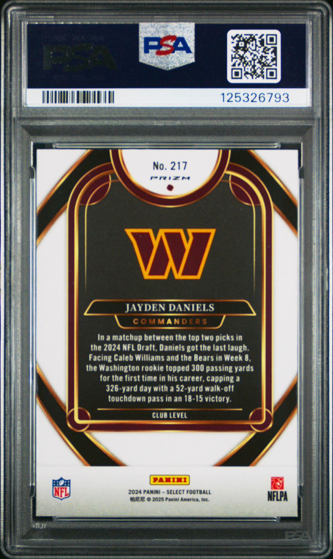 2024 Panini Select Jayden Daniels #217 (Red & Yellow Shock) Gem Mt 10 back