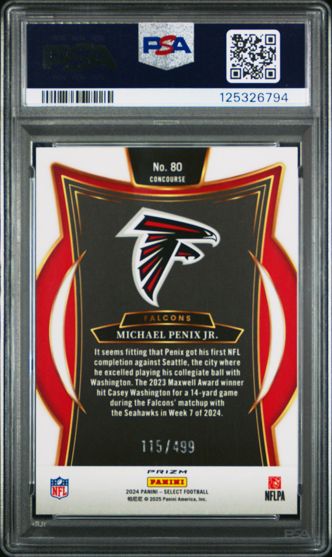 2024 Panini Select Michael Penix Jr. #80 (Orange Shock) Gem Mt 10 back