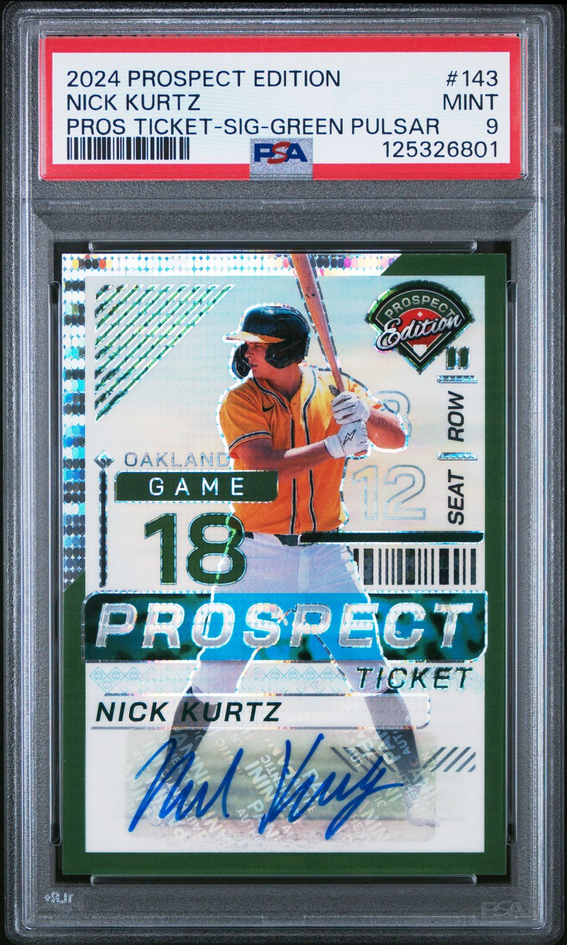 2024 Panini Prospect Edition Prospect Ticket Nick Kurtz #143 (Pros Ticket-Sig-Green Pulsar) Mint 9 front