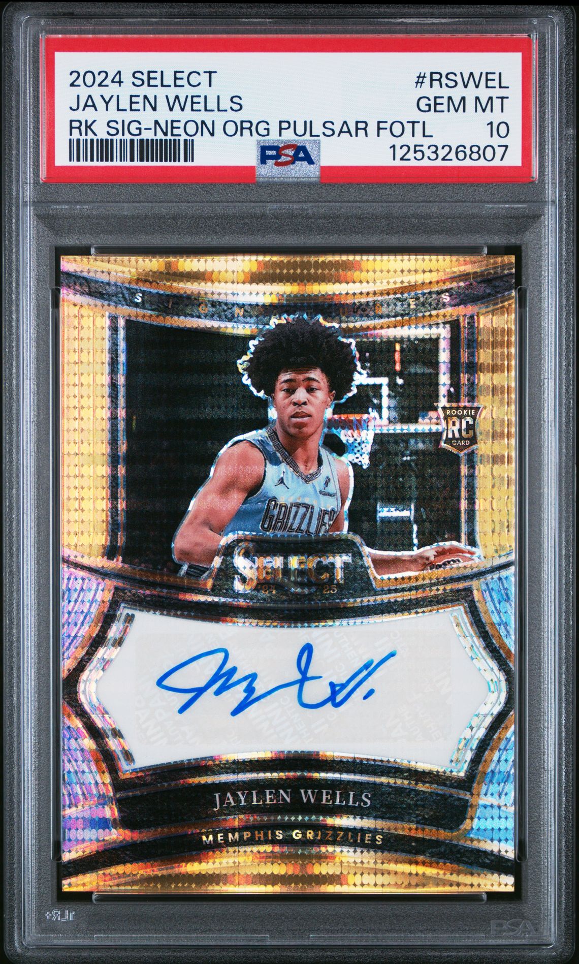 2024 Panini Select Rookie Signatures Jaylen Wells #Rswel (Rk Sig-Neon Org Pulsar Fotl) Gem Mt 10 front