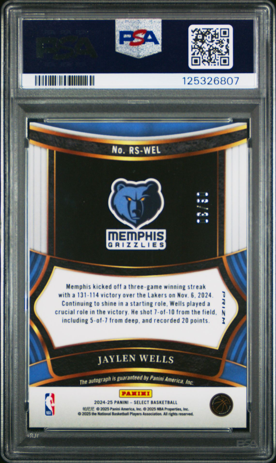 2024 Panini Select Rookie Signatures Jaylen Wells #Rswel (Rk Sig-Neon Org Pulsar Fotl) Gem Mt 10 back