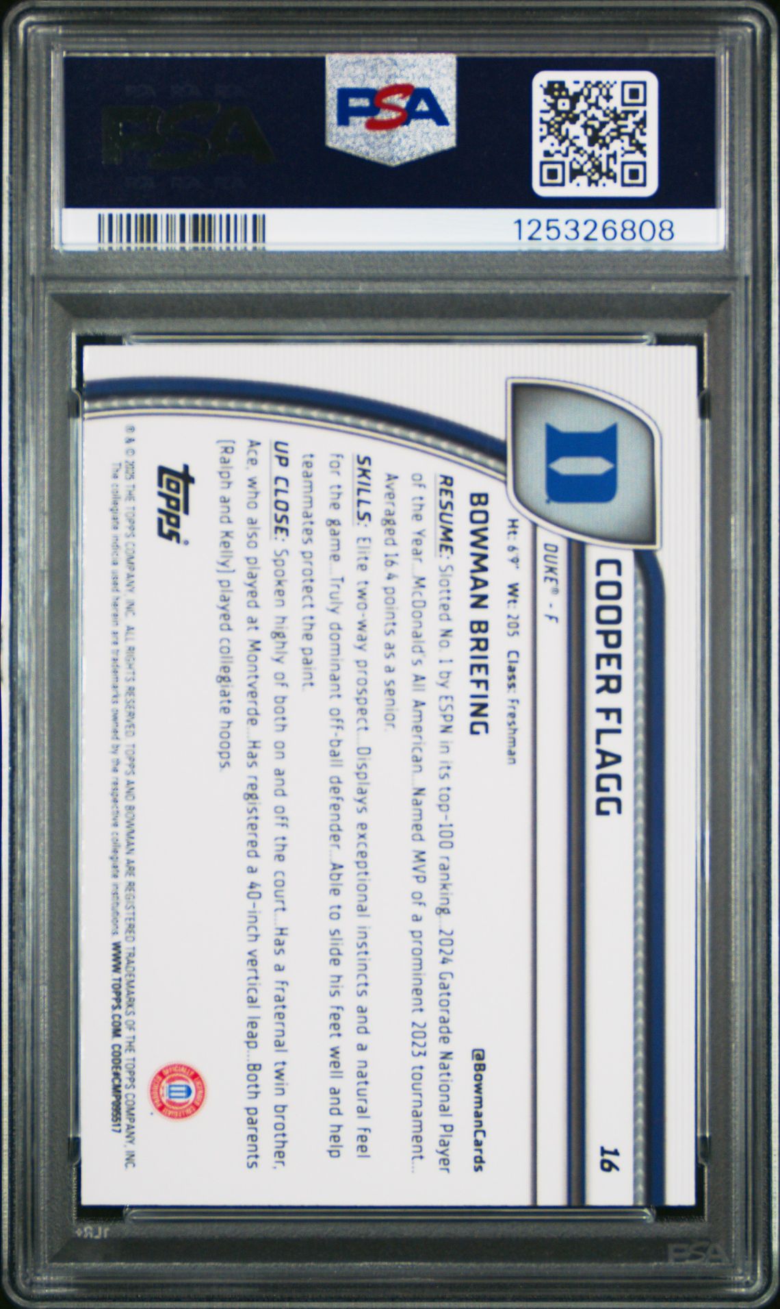 2024 Bowman Chrome University Cooper Flagg #16 (Purple Lava) Gem Mt 10 back