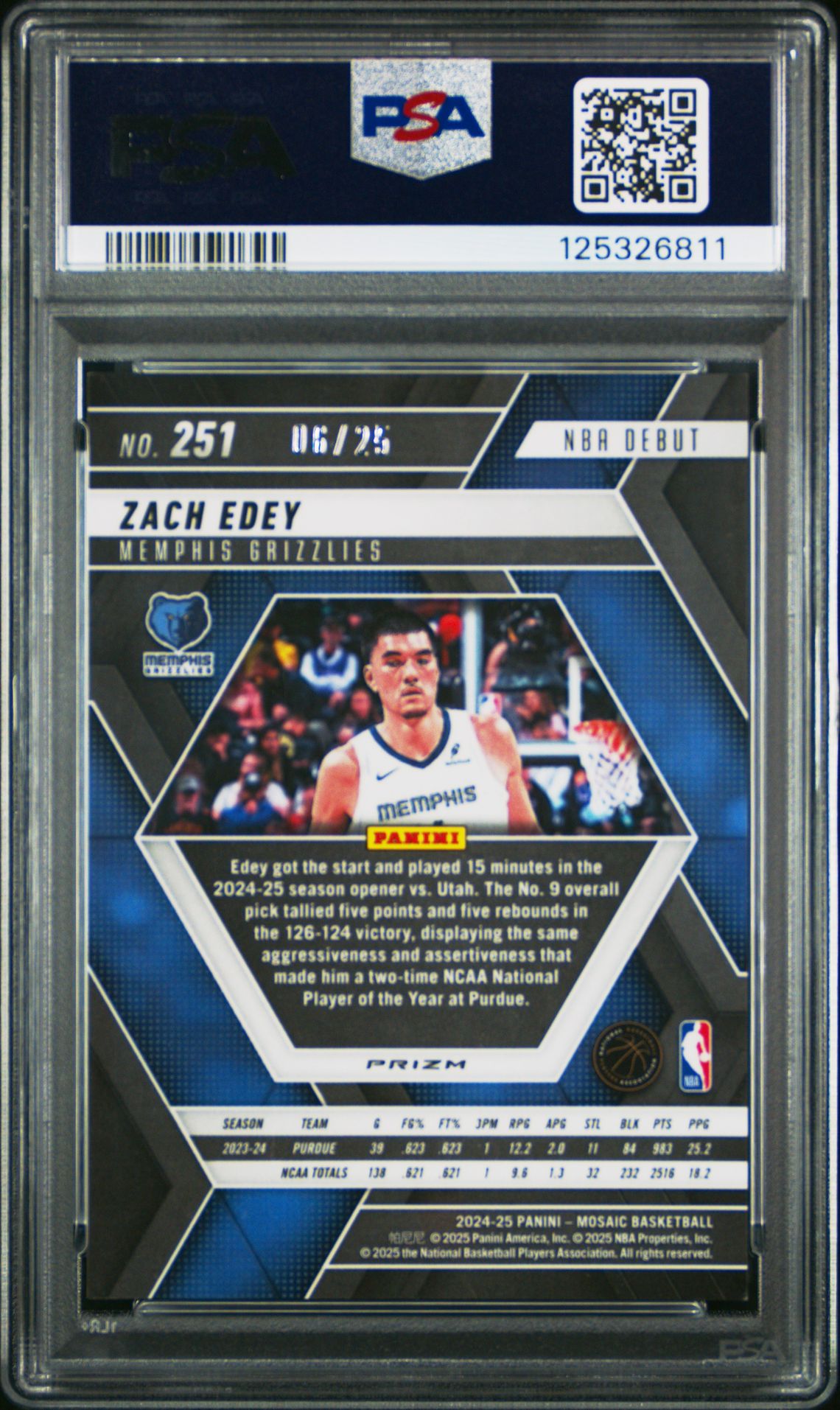 2024 Panini Mosaic Zach Edey #251 (White) Mint 9 back