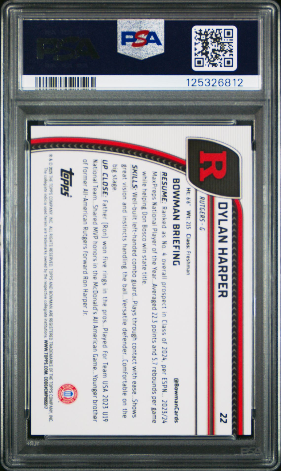 2024 Bowman Chrome University Dylan Harper #22 (Red Wave) Gem Mt 10 back