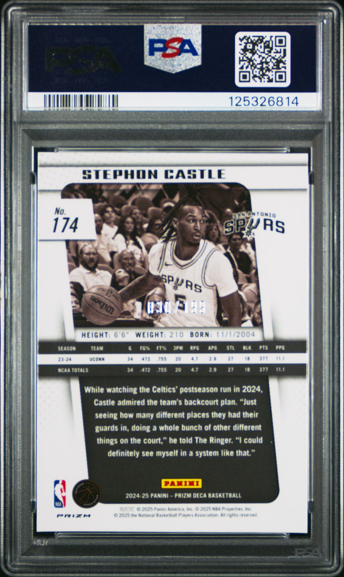 2024 Panini Prizm Deca Stephon Castle #174 (Red Prizm) Mint 9 back