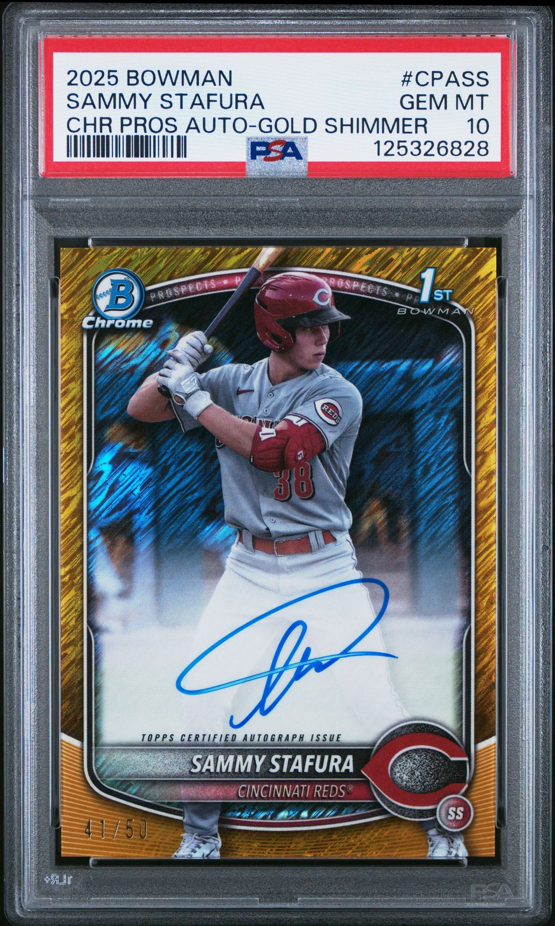 2025 Bowman Chrome Prospect Autographs Sammy Stafura #Cpass (Chr Pros Auto-Gold Shimmer) Gem Mt 10 front