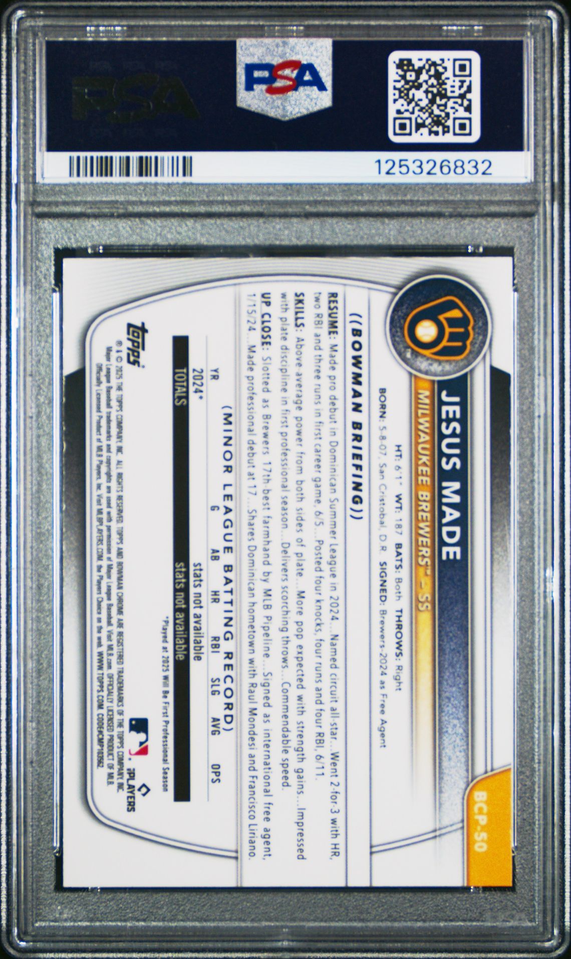 2025 Bowman Mega Box Chrome Prospects Jesus Made #50 Gem Mt 10 back