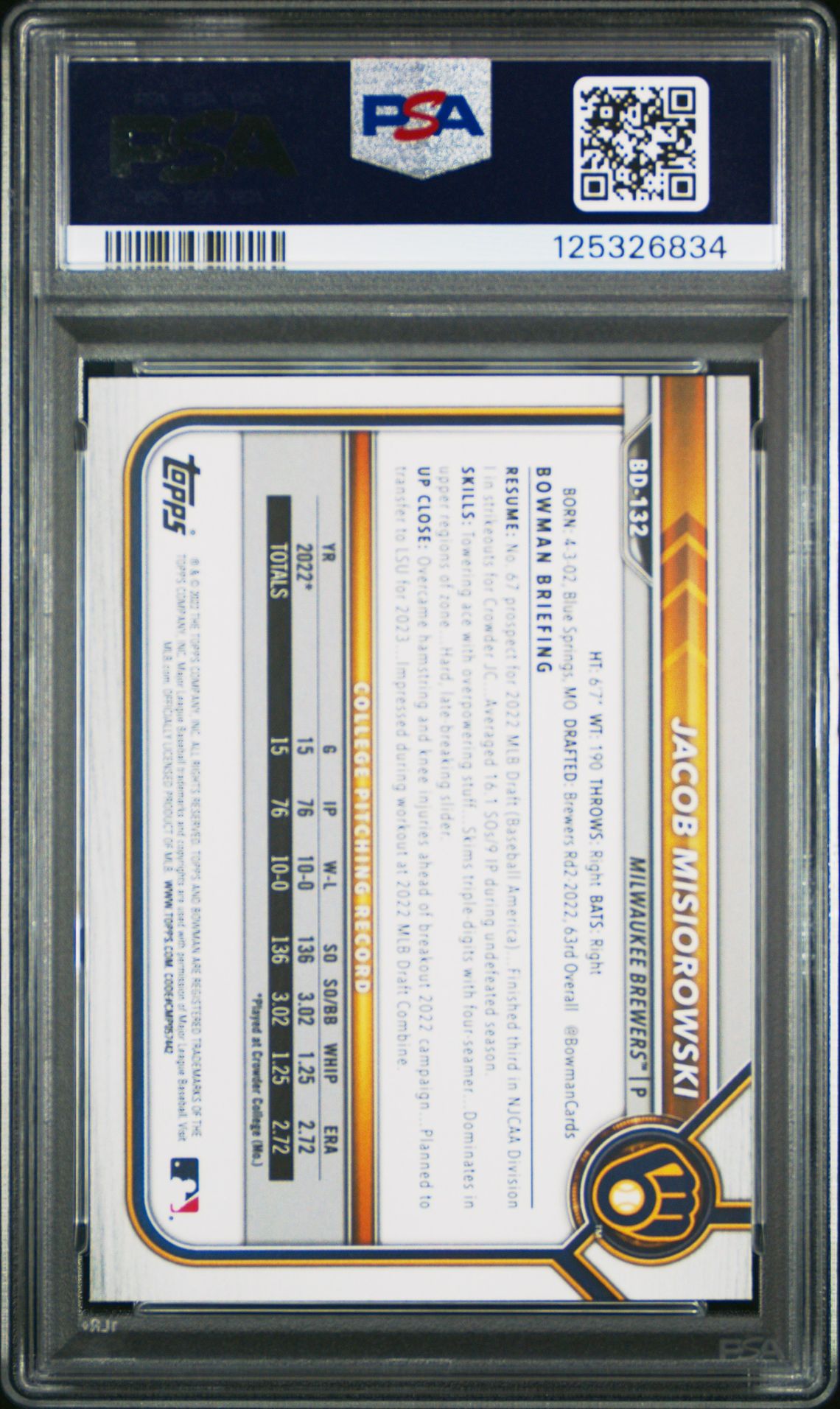 2022 Bowman Draft 1St Edition Jacob Misiorowski #132 Ex-Mt 6 back