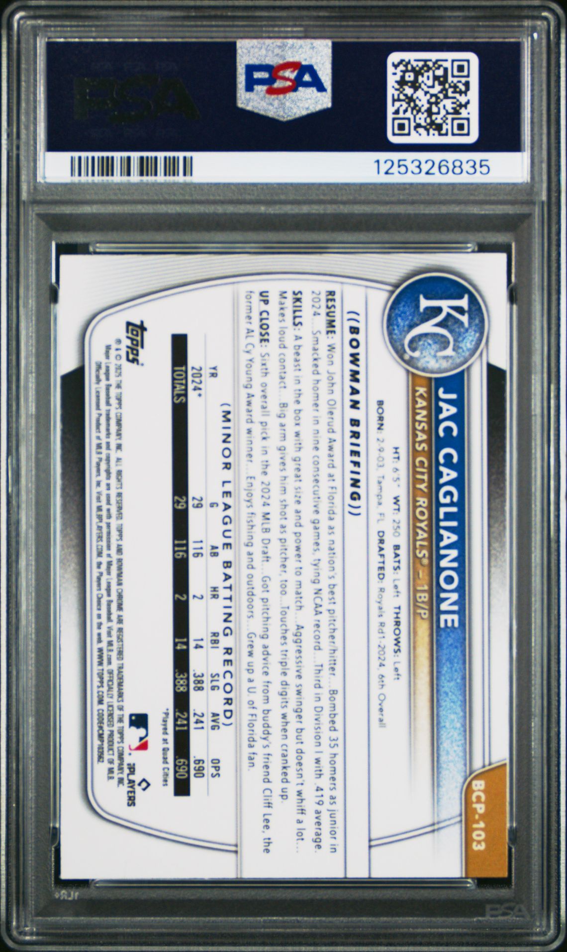 2025 Bowman Mega Box Chrome Prospects Jac Caglianone #103 Gem Mt 10 back