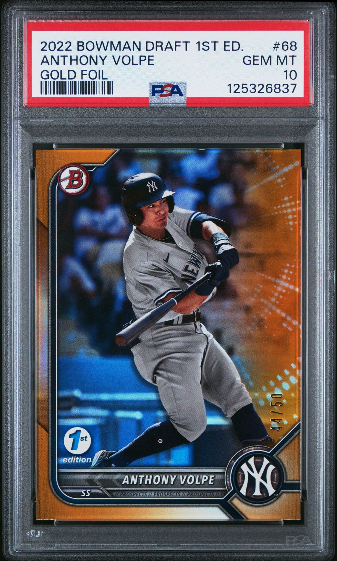 2022 Bowman Draft 1St Edition Anthony Volpe #68 (Gold Foil) Gem Mt 10 front