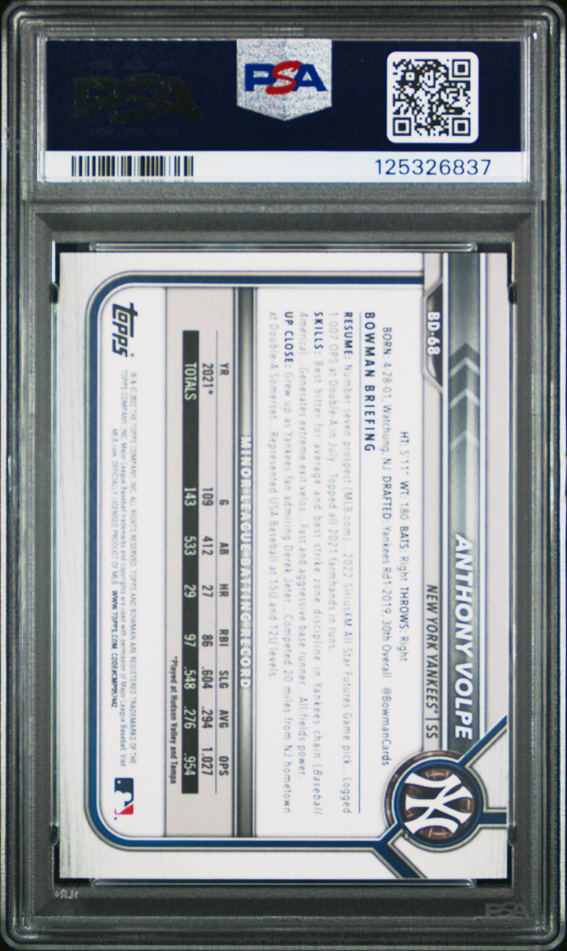 2022 Bowman Draft 1St Edition Anthony Volpe #68 (Gold Foil) Gem Mt 10 back