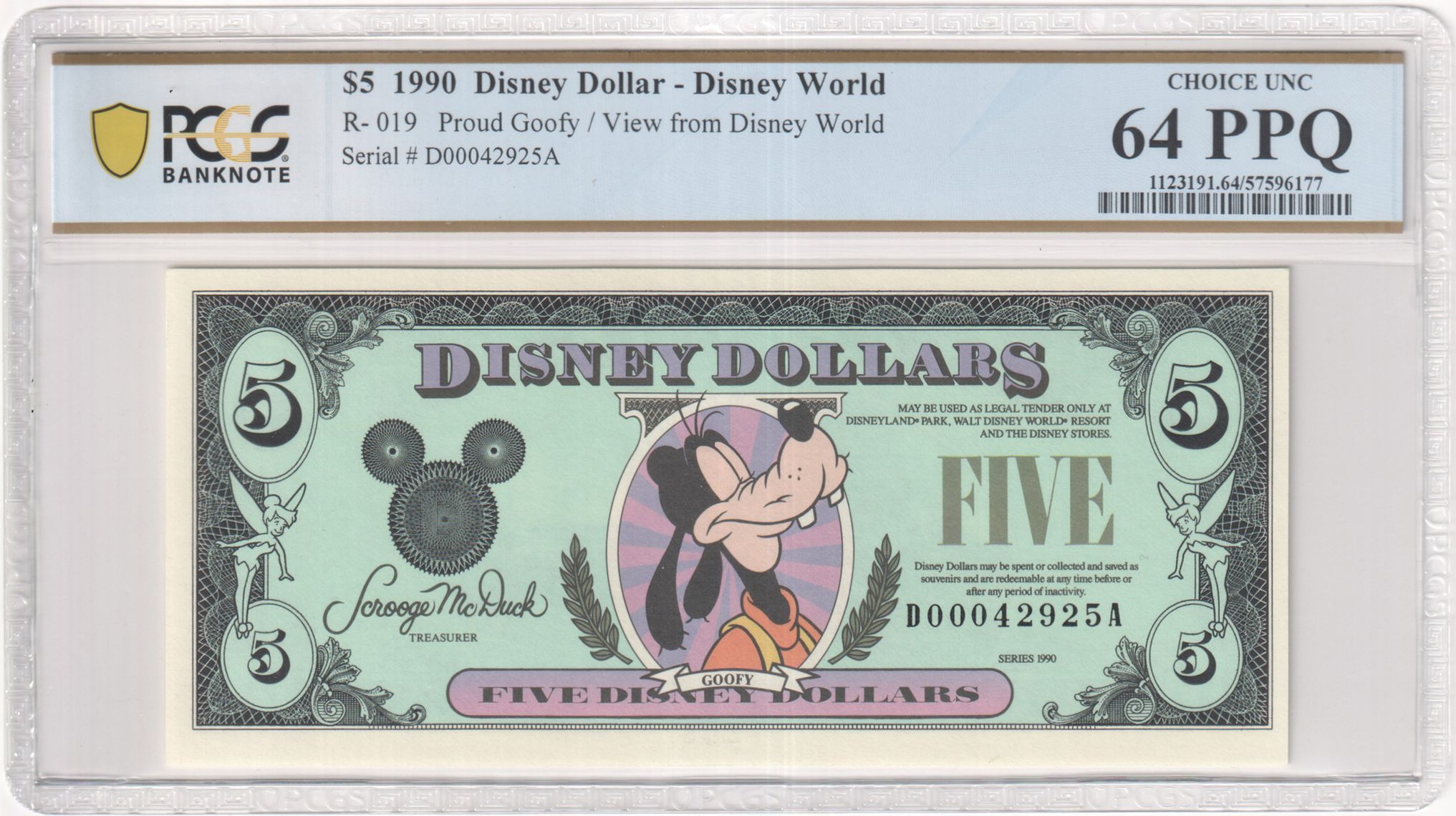 1990 R-019 $5 Disney Dollar Proud Goofy / View from Disney World PCGS Graded 64 