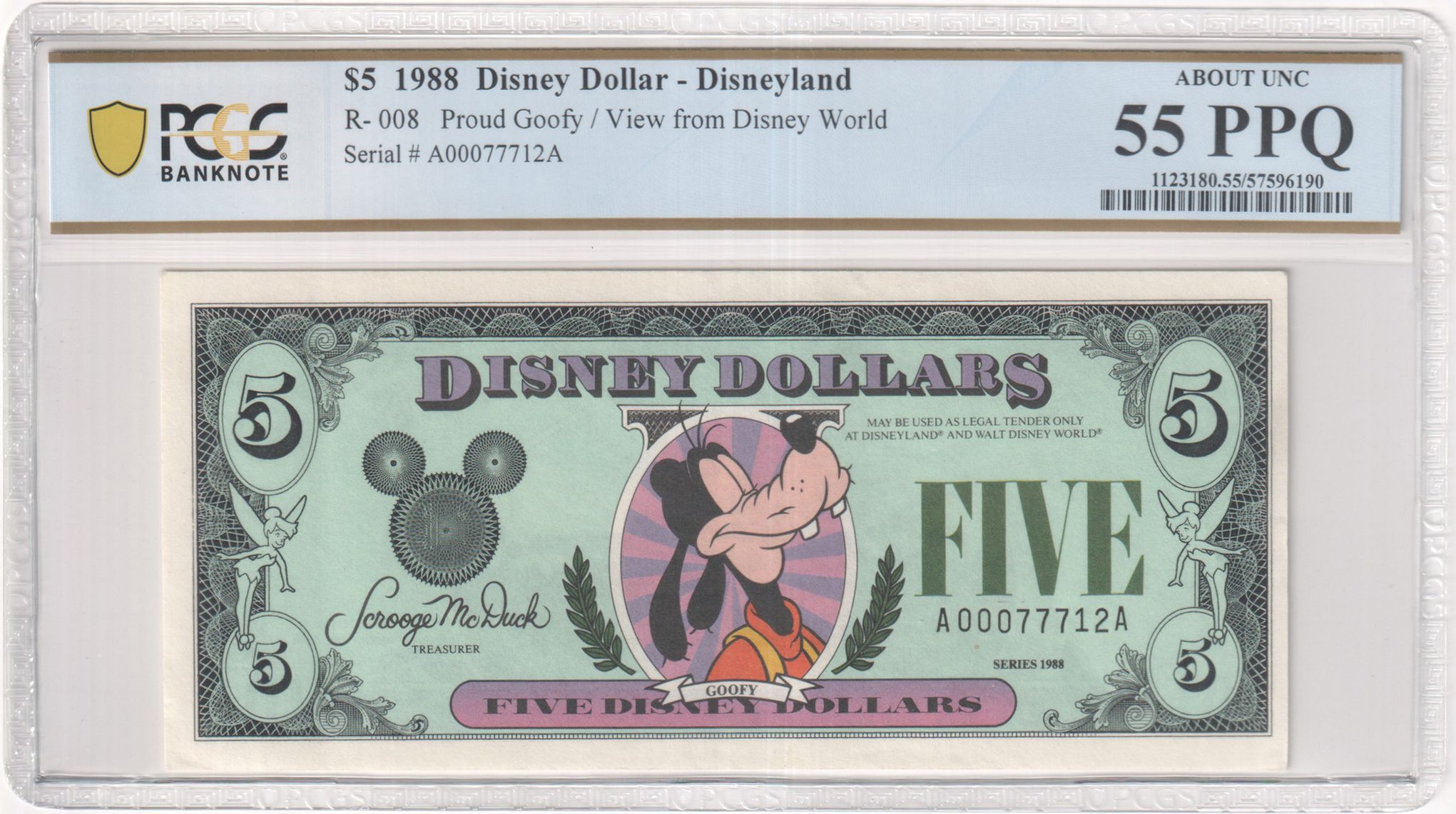 1988 R-008 $5 Disney Dollar Proud Goofy / View from Disney World PCGS Graded 55 