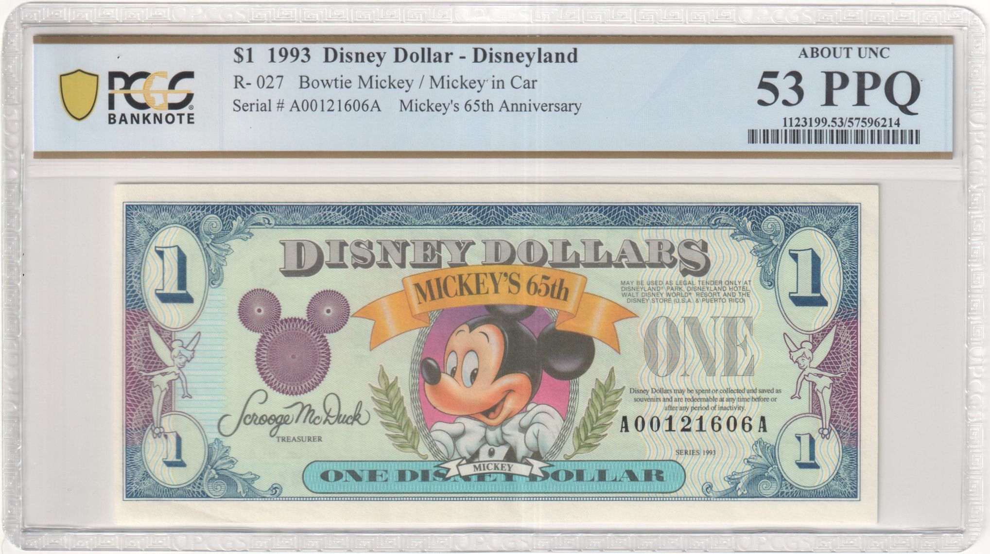 1993 R-027 $1 Disney Dollar Bowtie Mickey/Mickey in Car PCGS Graded 53 PPQ