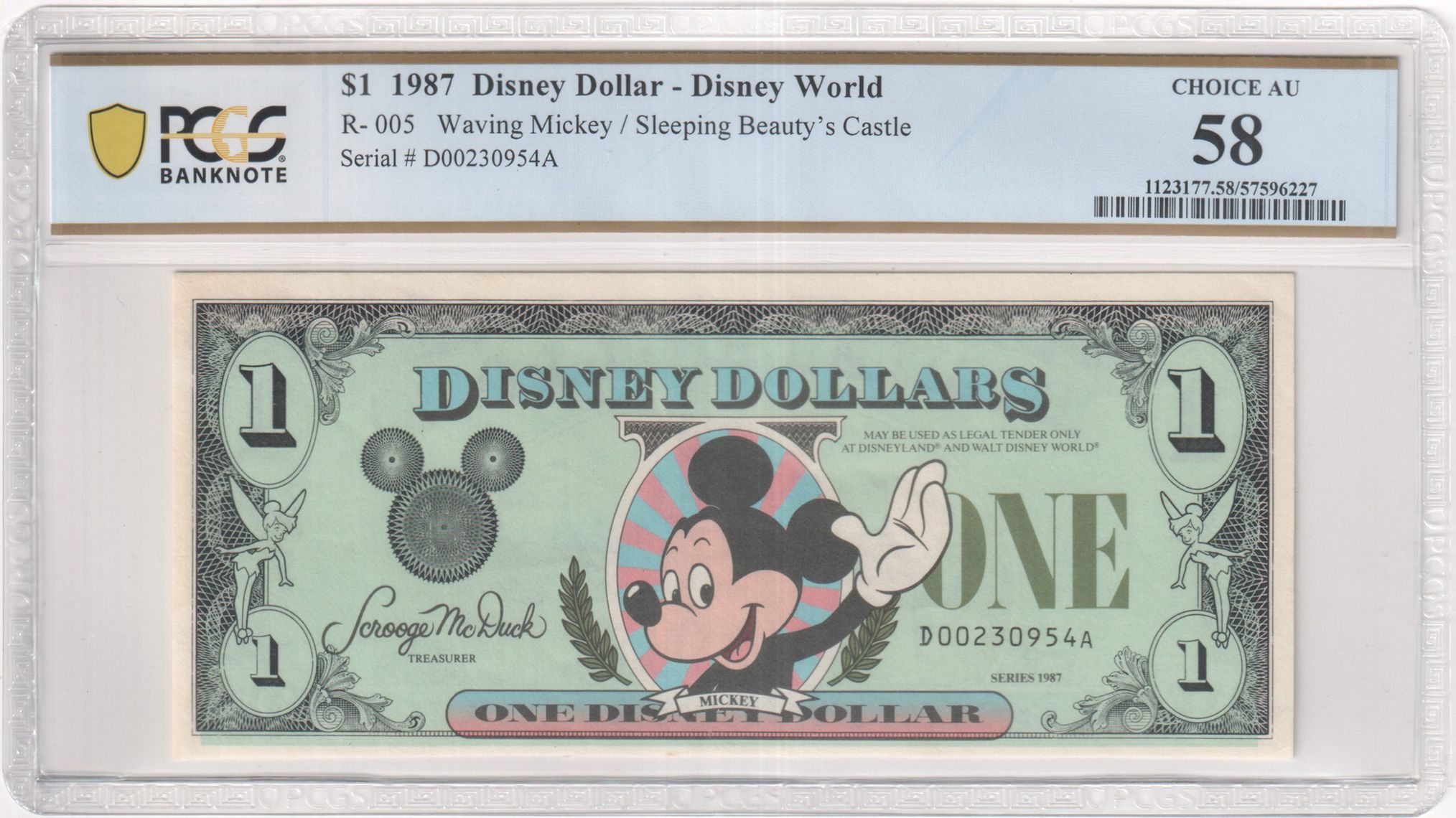 1987 R-005 $1 Disney Dollar Waving Mickey/Sleeping Beauty's Castle PCGS Graded 5