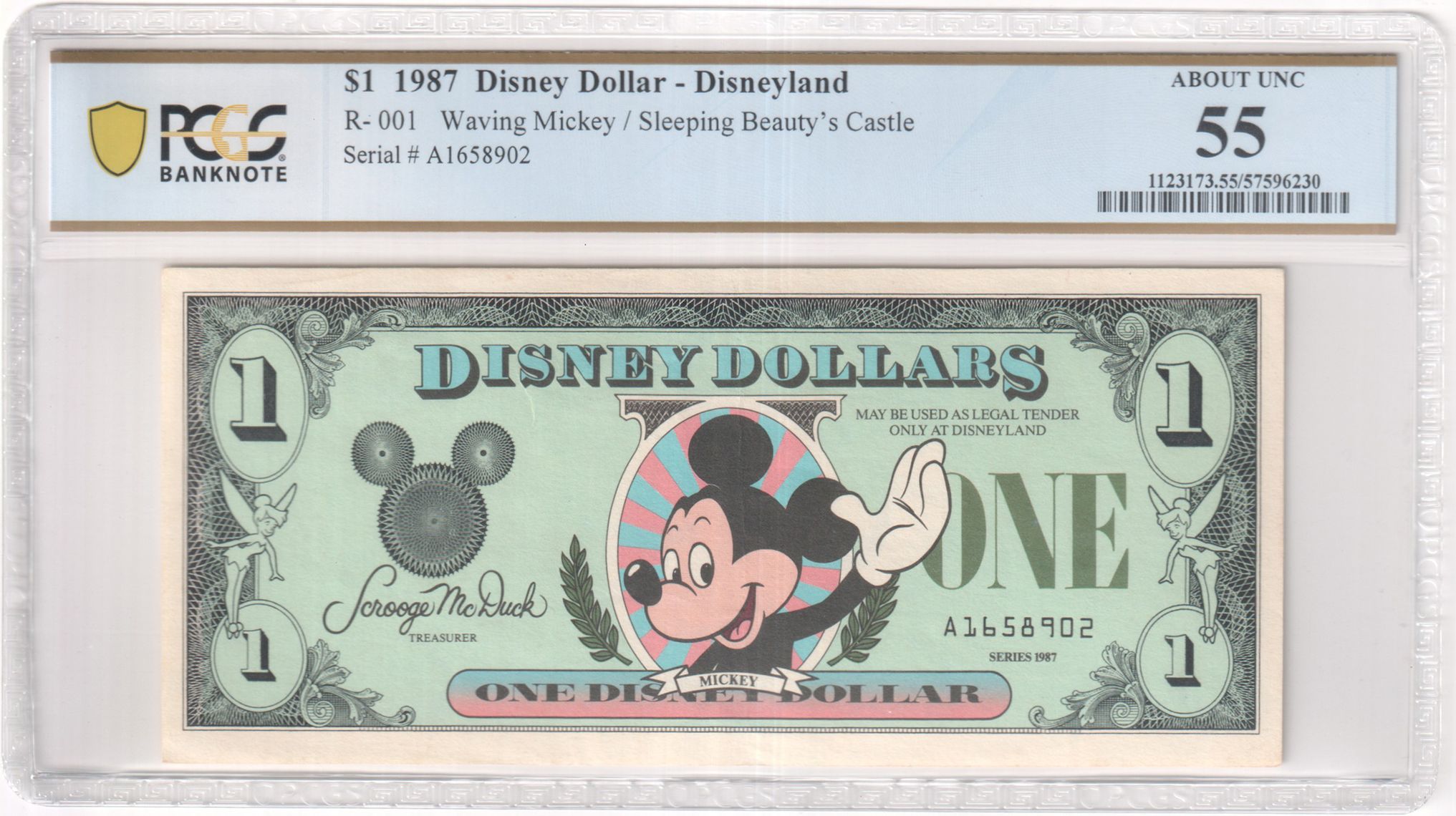 1987 R-001 $1 Disney Dollar Waving Mickey/Sleeping Beauty's Castle PCGS Graded 5