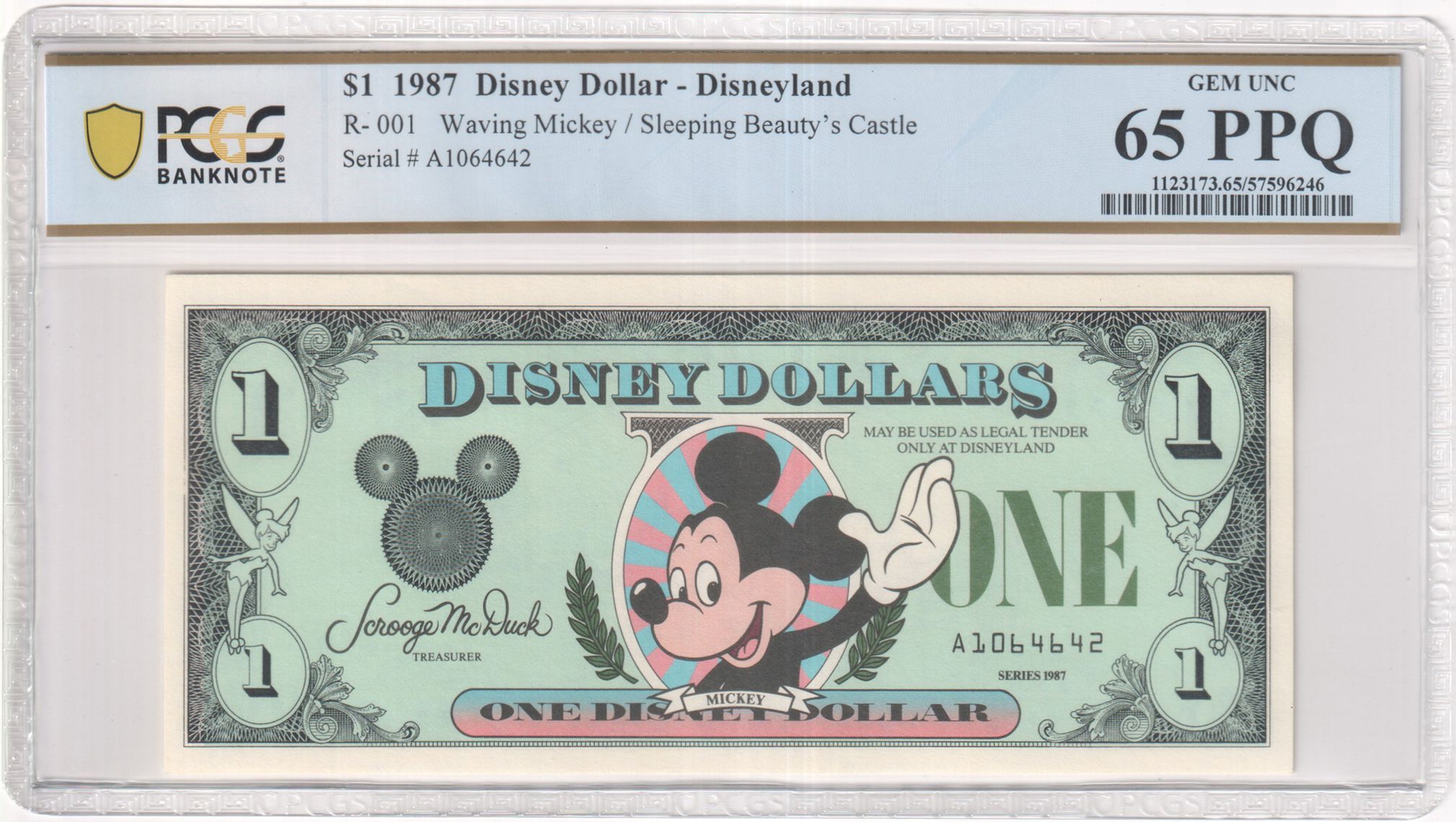 1987 R-001 $1 Disney Dollar Waving Mickey/Sleeping Beauty's Castle PCGS Graded 6