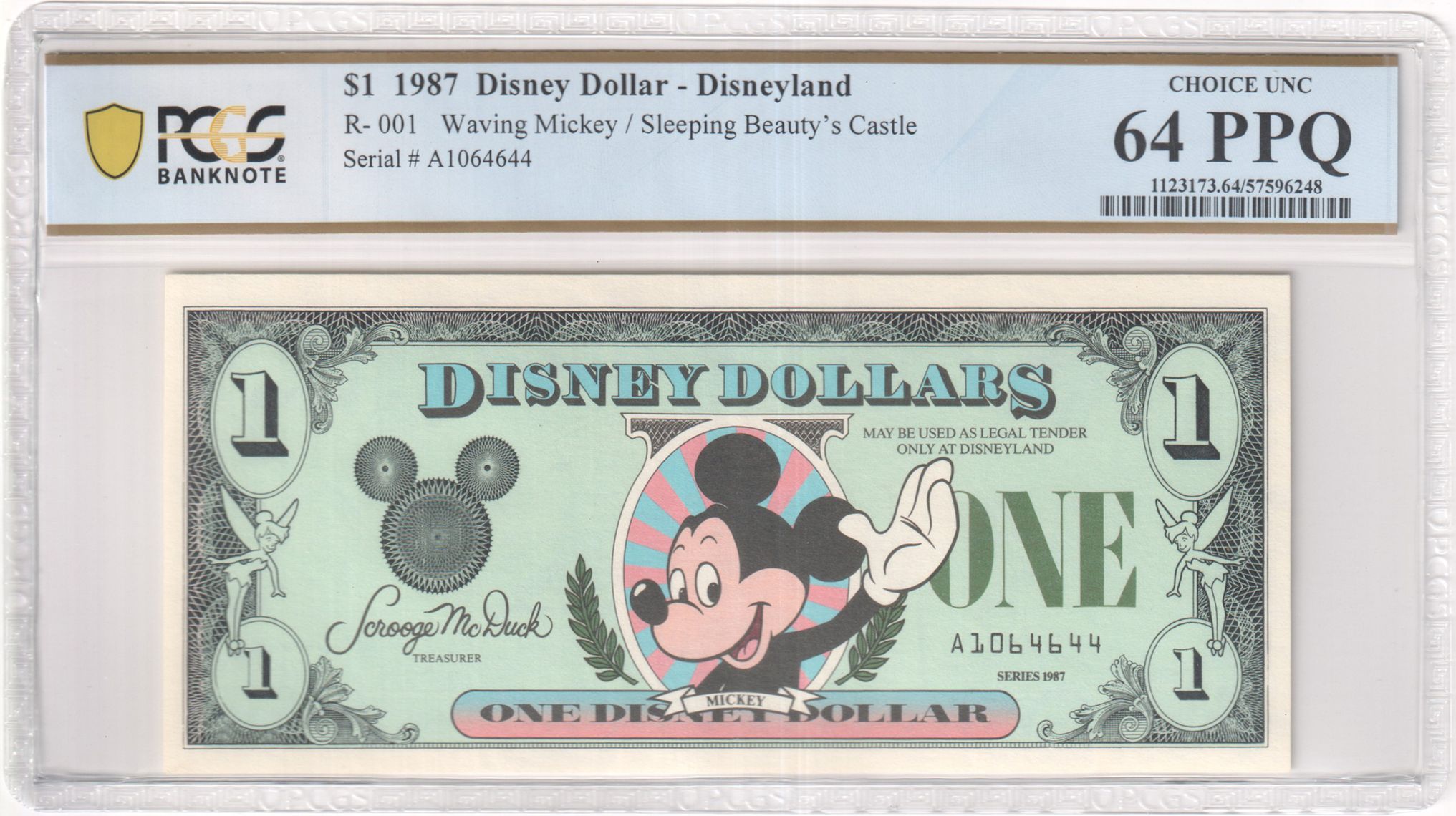 1987 R-001 $1 Disney Dollar Waving Mickey/Sleeping Beauty's Castle PCGS Graded 6