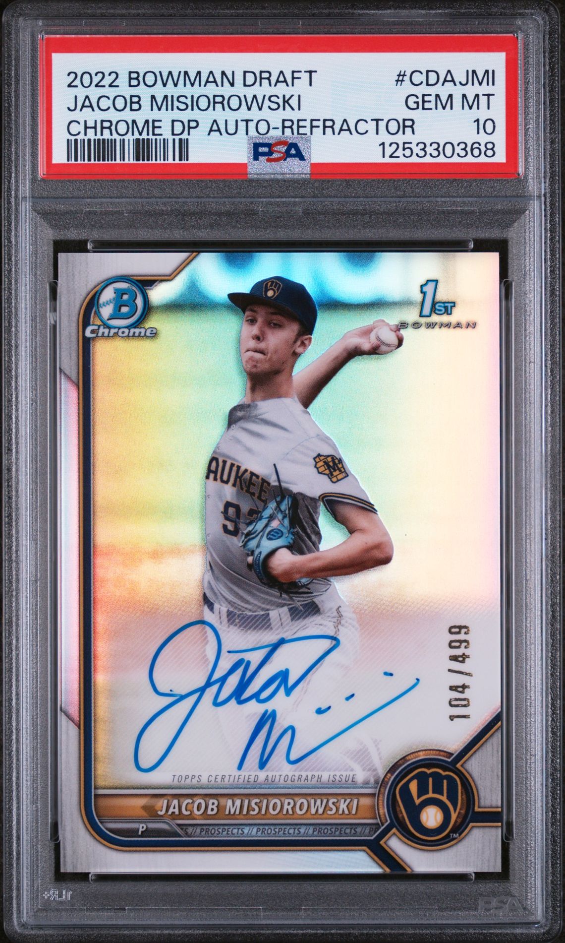 2022 Bowman BOWMAN DRAFT CHROME DRAFT PICK AUTOGRAPHS Refractor #CDAJMI Jacob Misiorowski front