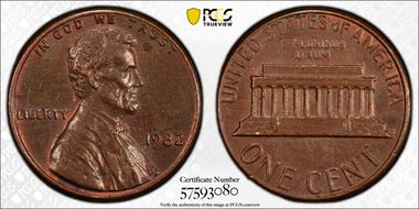 1982 1C Bronze, Large Date AU55BN