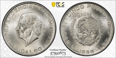 1956-Mo 5 Peso Hidalgo KM-469  Ag MS66