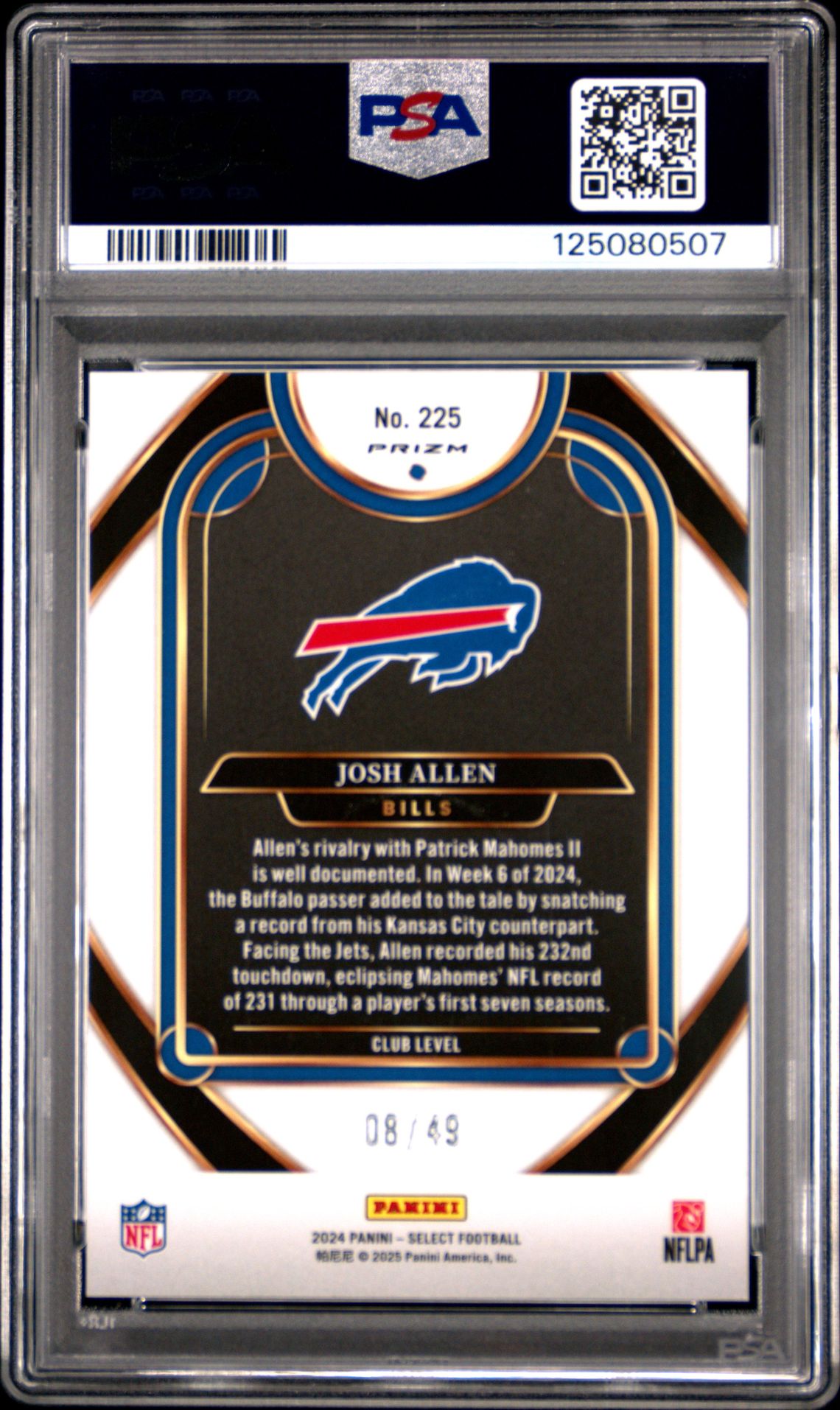 2024 Panini Select Josh Allen #225 (Red Prizm) Gem Mt 10 back