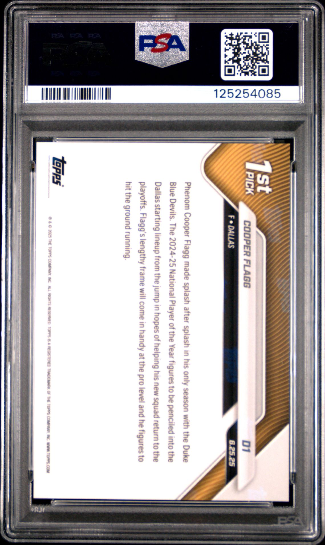 2025 Topps Now Draft Cooper Flagg #D1 Gem Mt 10 back