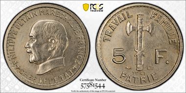 1941 5 Fr Gad-764 F-338 Pétain MS63