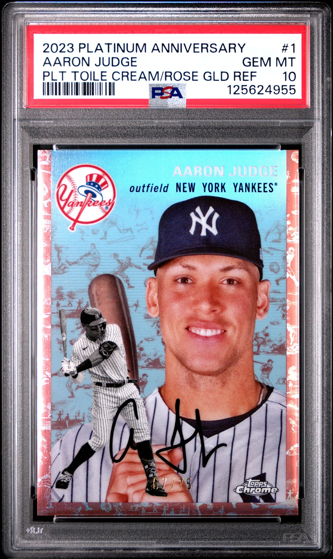 2023 Topps TOPPS CHROME PLATINUM ANNIVERSARY PLT TOILE CREAM/ROSE GLD REF #1 Aaron Judge front